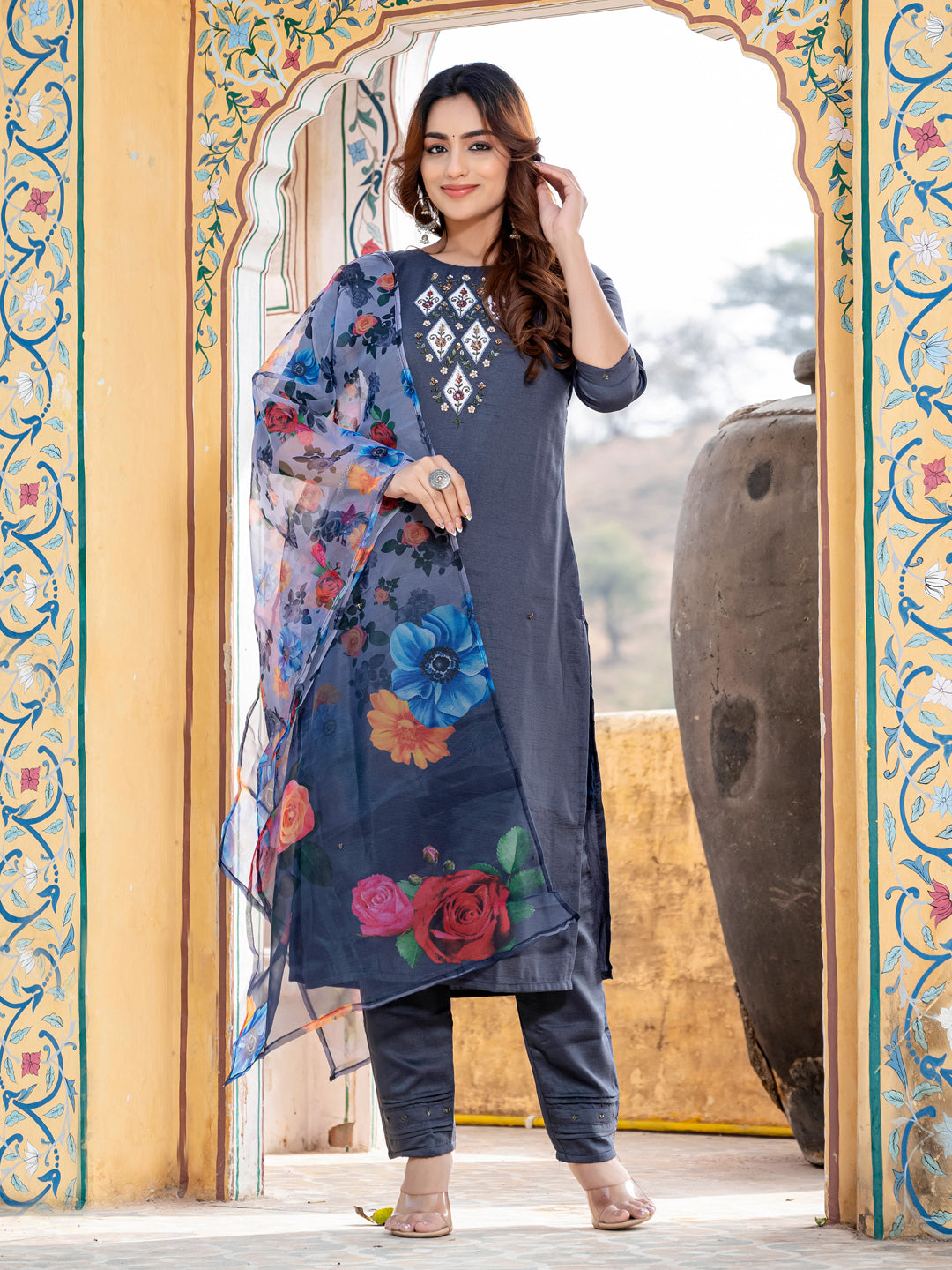 Jyoti Fashion Women's Gray Silk Handwork Designer Kurta Set with Dupatta | Swadesiicart