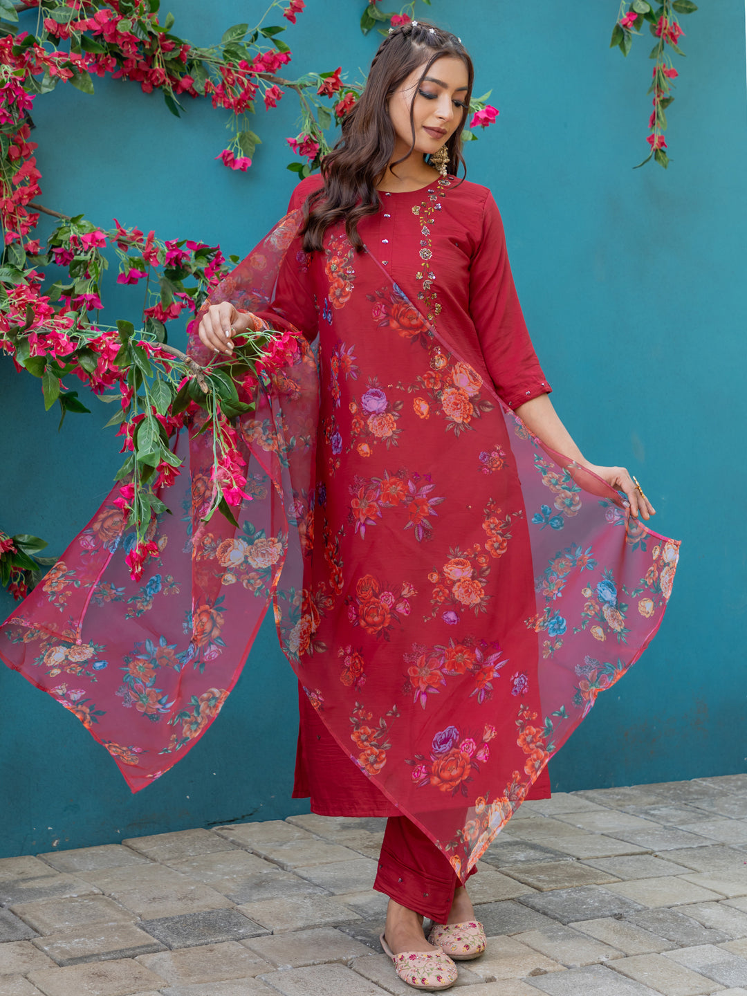 Jyoti Fashion Women's Maroon Silk Handwork Designer Kurta Set with Dupatta | Swadesiicart