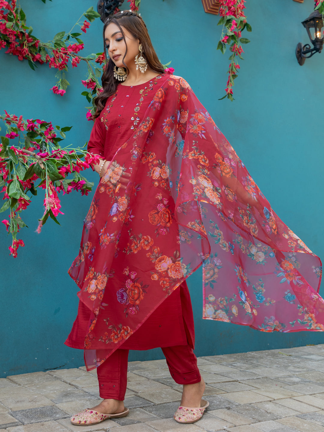 Jyoti Fashion Women's Maroon Silk Handwork Designer Kurta Set with Dupatta | Swadesiicart