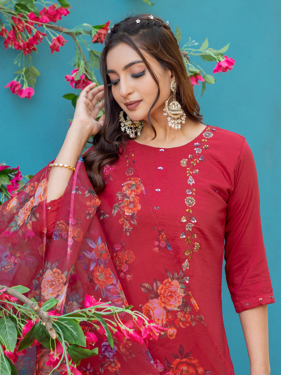 Jyoti Fashion Women's Maroon Silk Handwork Designer Kurta Set with Dupatta | Swadesiicart