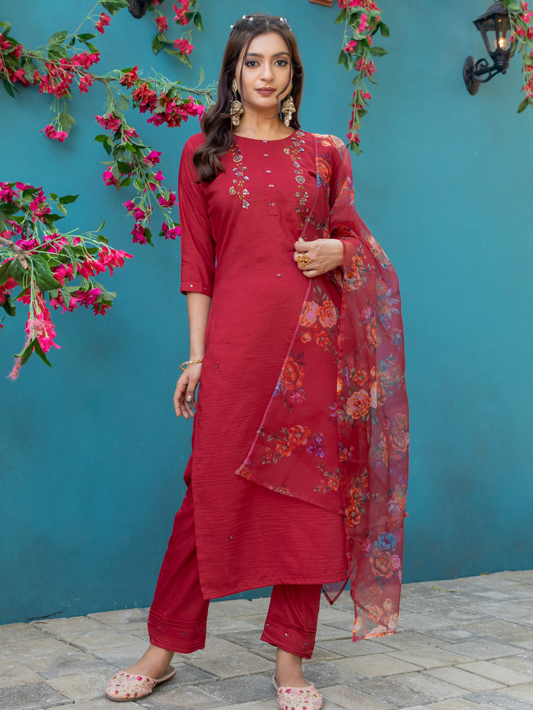 Jyoti Fashion Women's Maroon Silk Handwork Designer Kurta Set with Dupatta | Swadesiicart