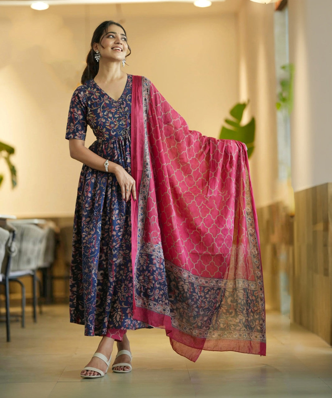 Jyoti Fashion Women's Navy Blue Rayon Printed Designer Kurta Set with Dupatta | Swadesiicart