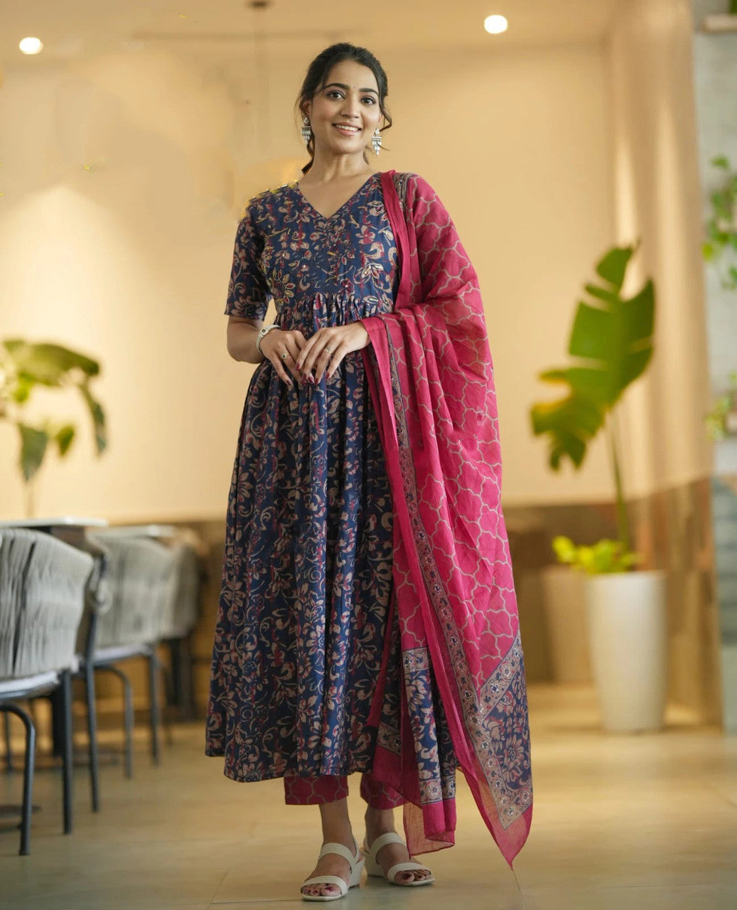 Jyoti Fashion Women's Navy Blue Rayon Printed Designer Kurta Set with Dupatta | Swadesiicart