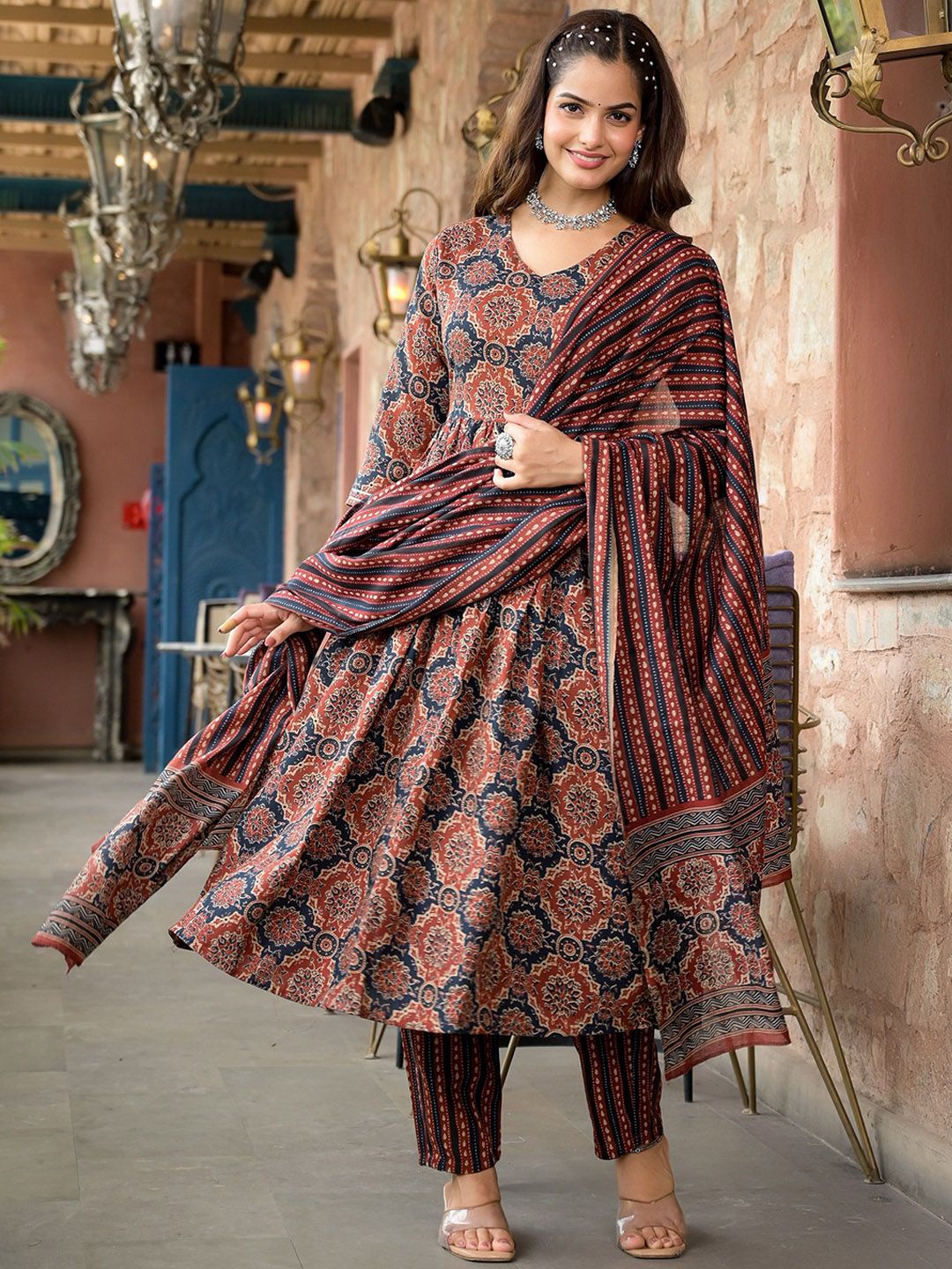 Jyoti Fashion Women's Maroon Rayon Printed Designer Kurta Set with Dupatta | Swadesiicart