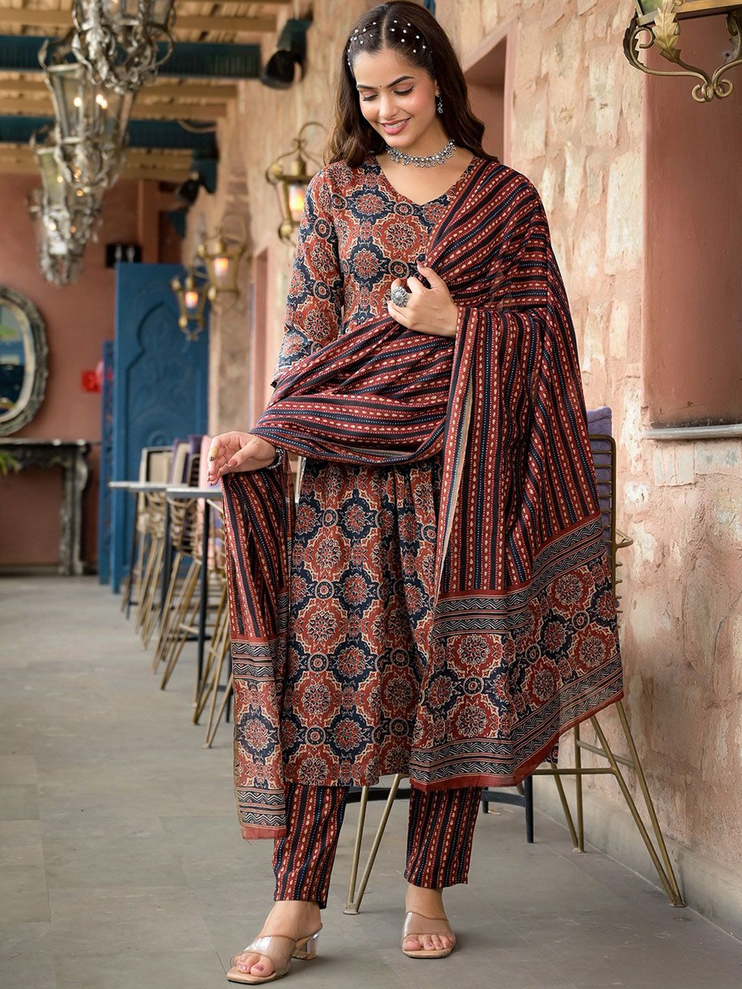 Jyoti Fashion Women's Maroon Rayon Printed Designer Kurta Set with Dupatta | Swadesiicart