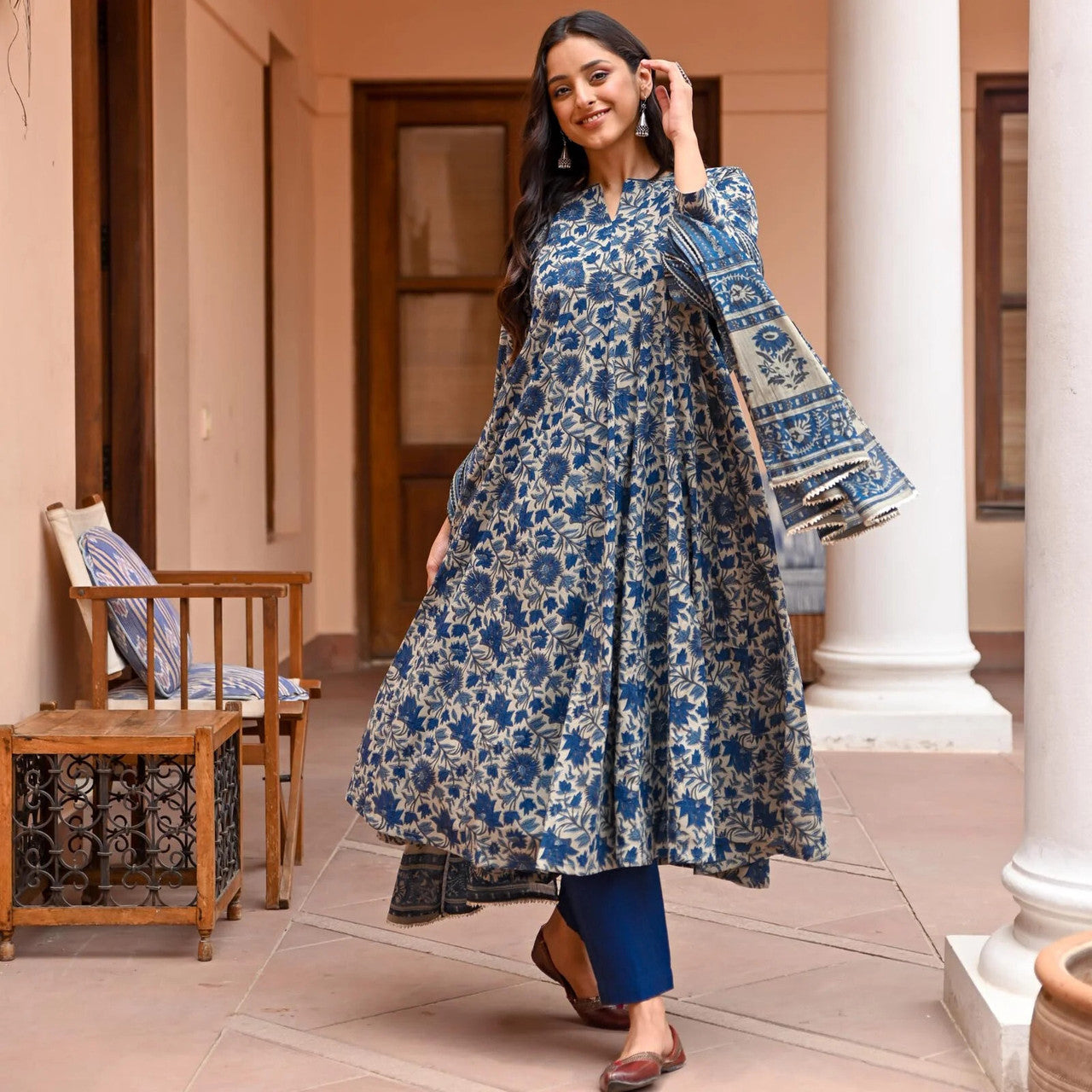 Jyoti Fashion Women's Navy Blue Rayon Printed Designer Kurta Set with Dupatta | Swadesiicart