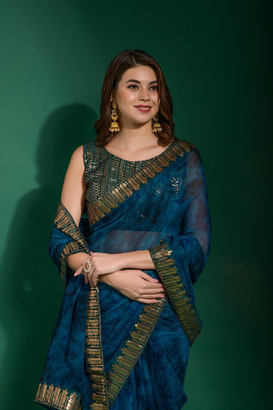 Jyoti Fashion Women's Morpich Sequence Embroidery Chiffon Saree with Blouse | Swadesiicart