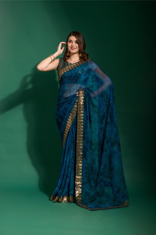Jyoti Fashion Women's Morpich Sequence Embroidery Chiffon Saree with Blouse | Swadesiicart