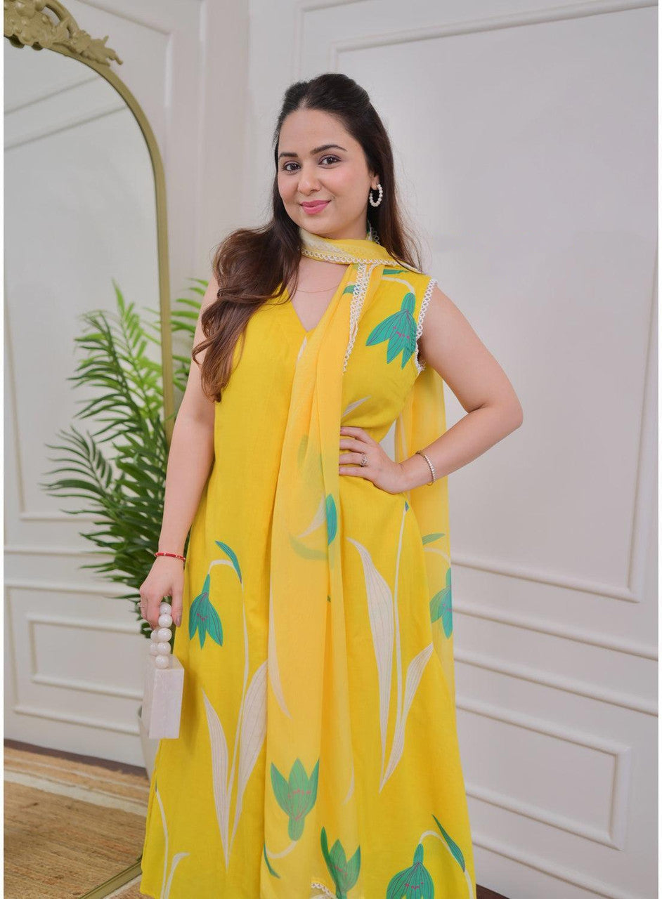 Jyoti Fashion Women's Yellow Rayon Printed Designer Kurta Set with Dupatta | Swadesiicart