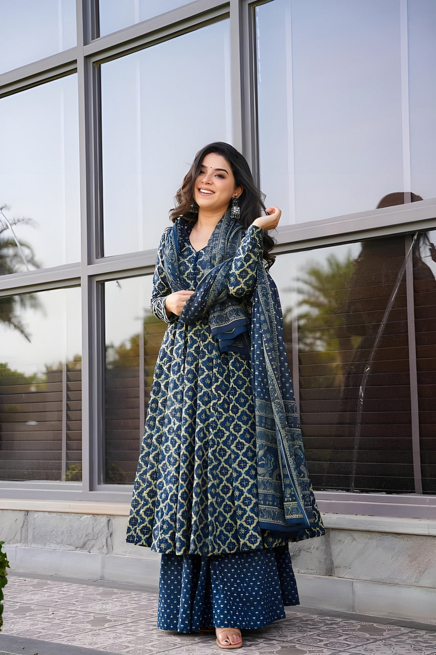 Jyoti Fashion Women's Navy Blue Rayon Printed Designer Kurta Set with Dupatta | Swadesiicart