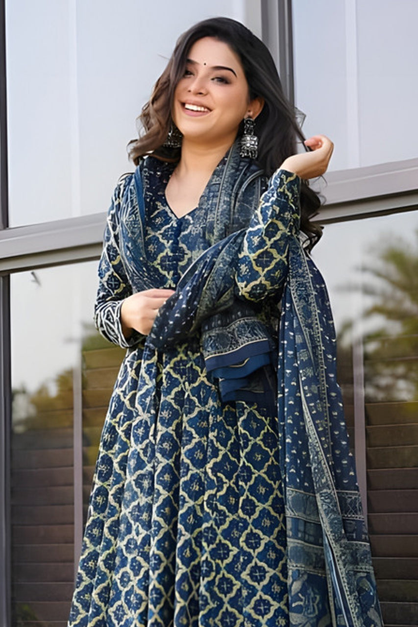 Jyoti Fashion Women's Navy Blue Rayon Printed Designer Kurta Set with Dupatta | Swadesiicart