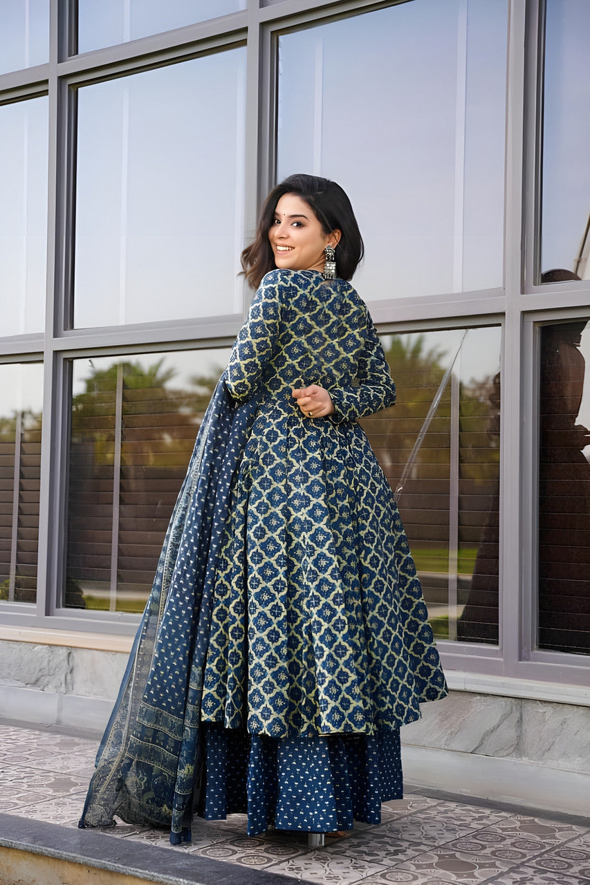 Jyoti Fashion Women's Navy Blue Rayon Printed Designer Kurta Set with Dupatta | Swadesiicart