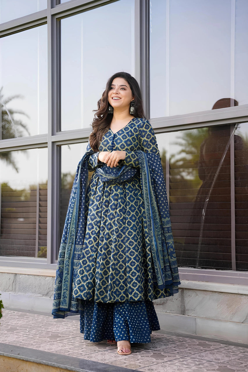 Jyoti Fashion Women's Navy Blue Rayon Printed Designer Kurta Set with Dupatta | Swadesiicart