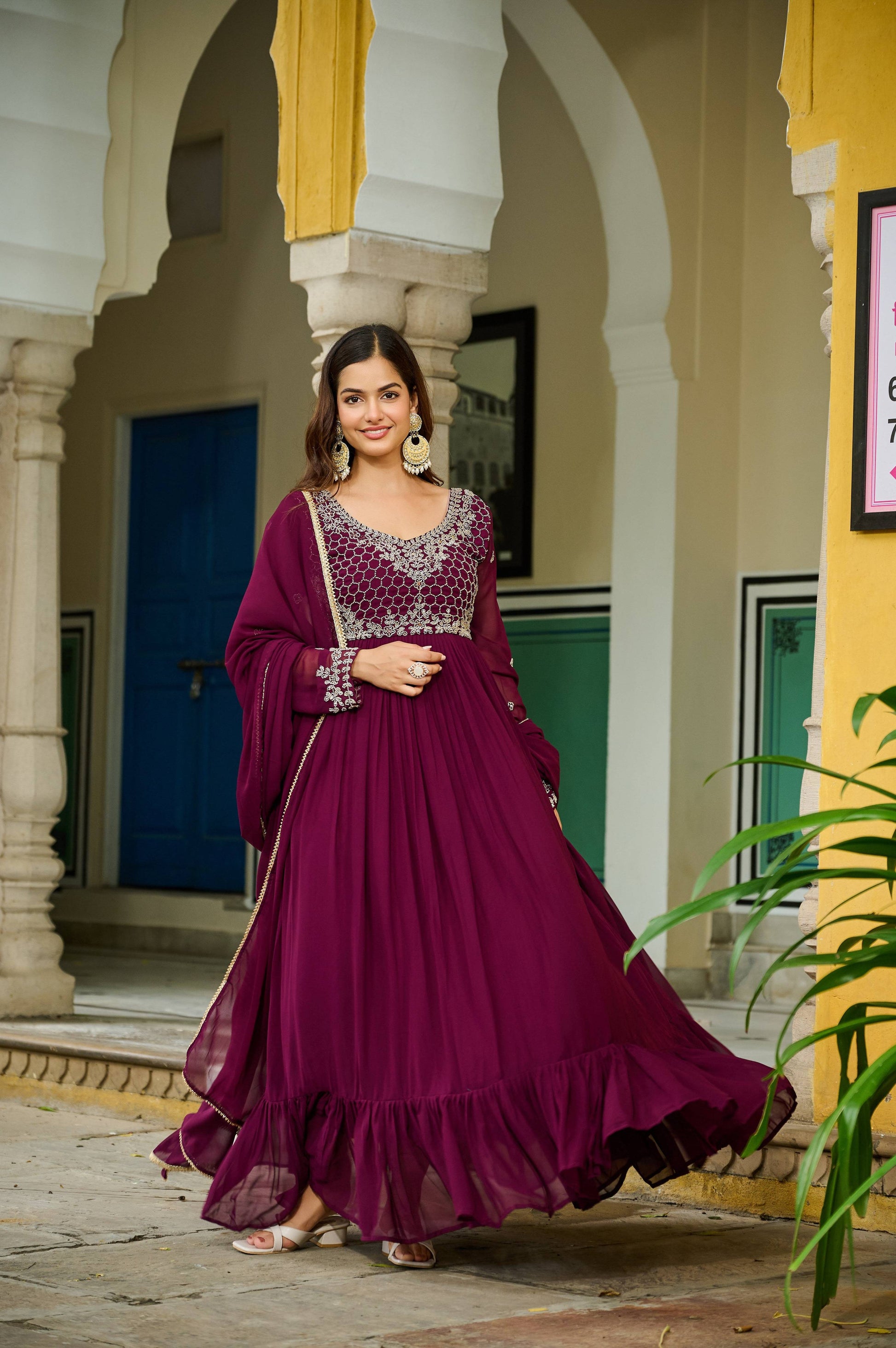 Jyoti Fashion Women's Wine Faux Blooming Beads Embroidered Anarkali Set With Dupatta | Swadesiicart