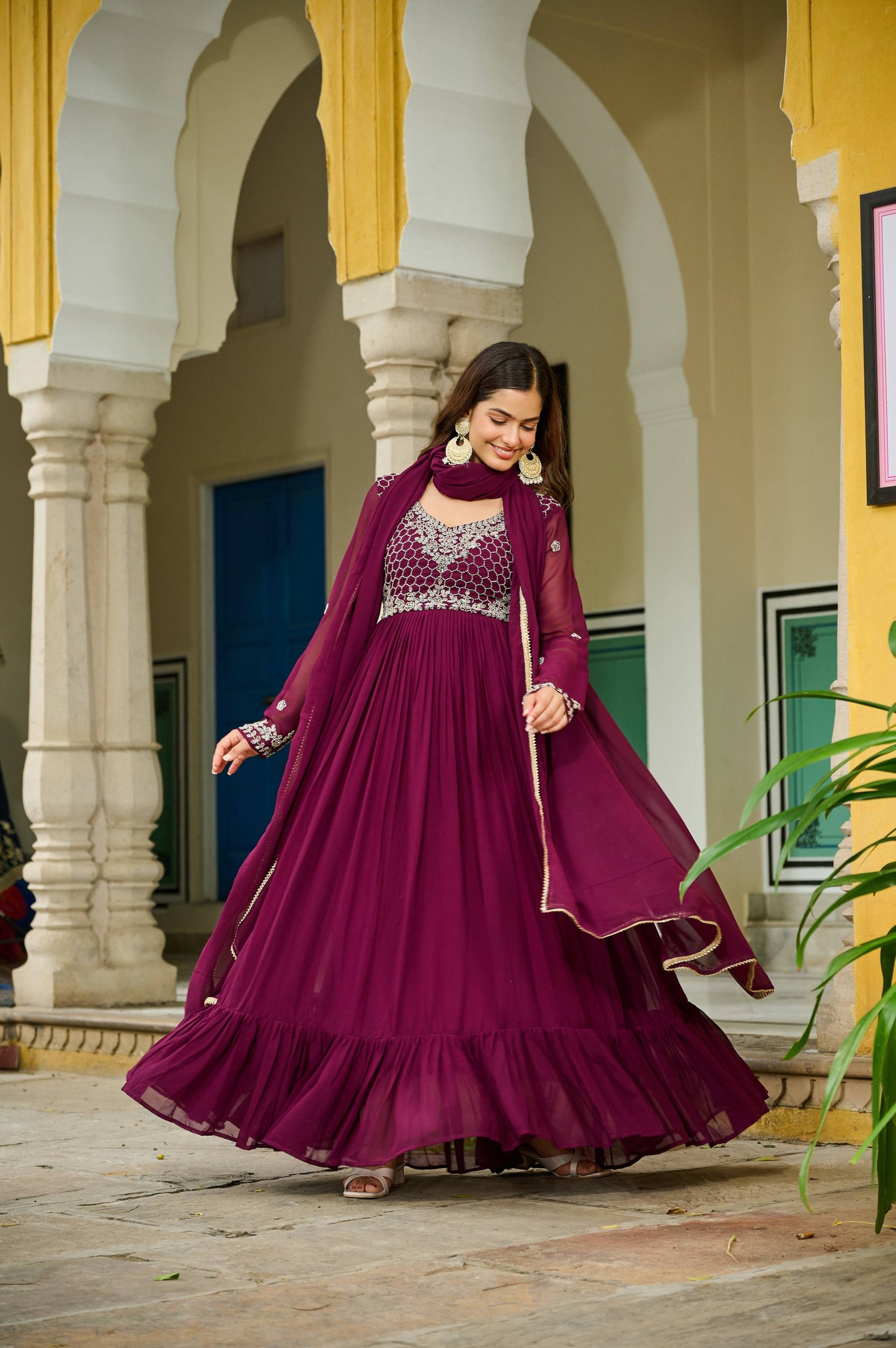 Jyoti Fashion Women's Wine Faux Blooming Beads Embroidered Anarkali Set With Dupatta | Swadesiicart