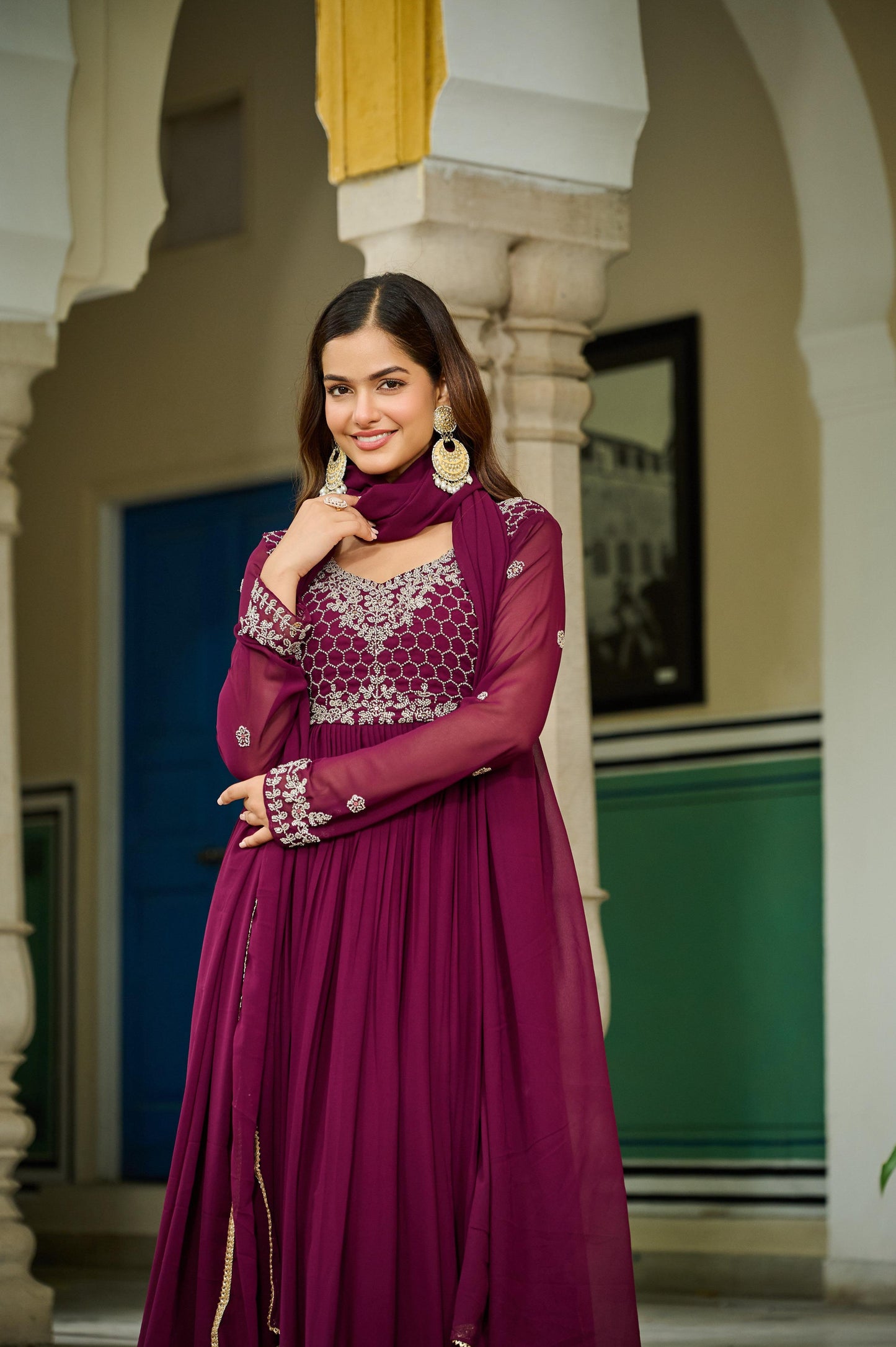 Jyoti Fashion Women's Wine Faux Blooming Beads Embroidered Anarkali Set With Dupatta | Swadesiicart