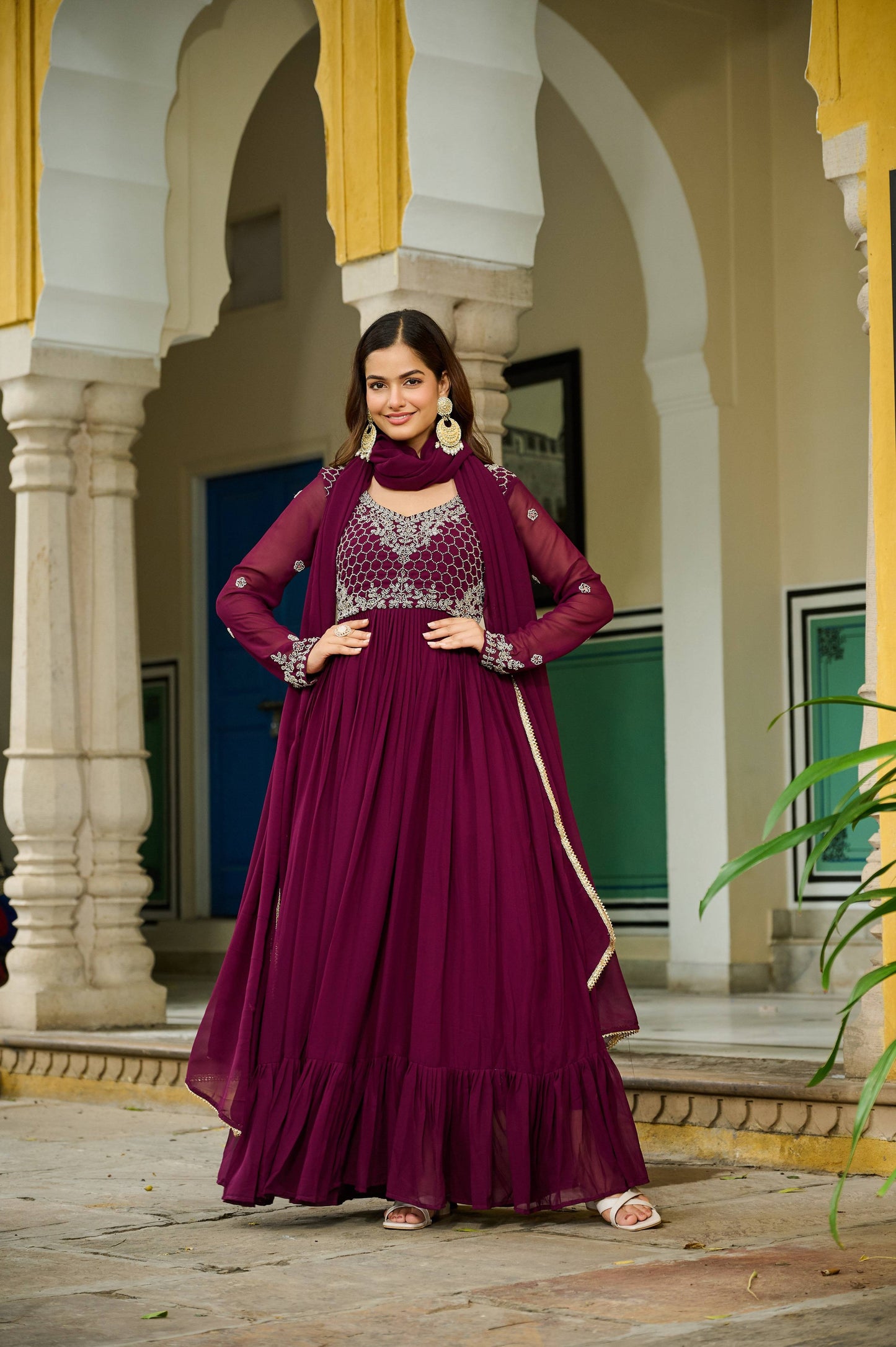 Jyoti Fashion Women's Wine Faux Blooming Beads Embroidered Anarkali Set With Dupatta | Swadesiicart