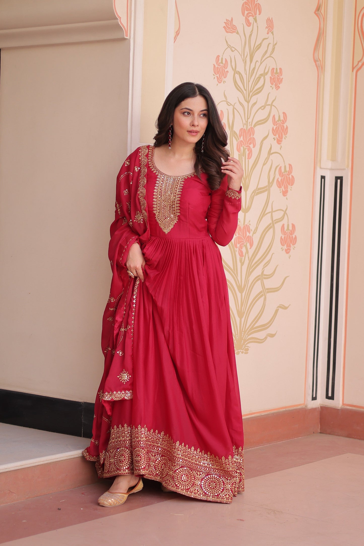 Jyoti Fashion Women's Pink Star Georgette Sequins Zari Embroidered Anarkali Set With Dupatta | Swadesiicart