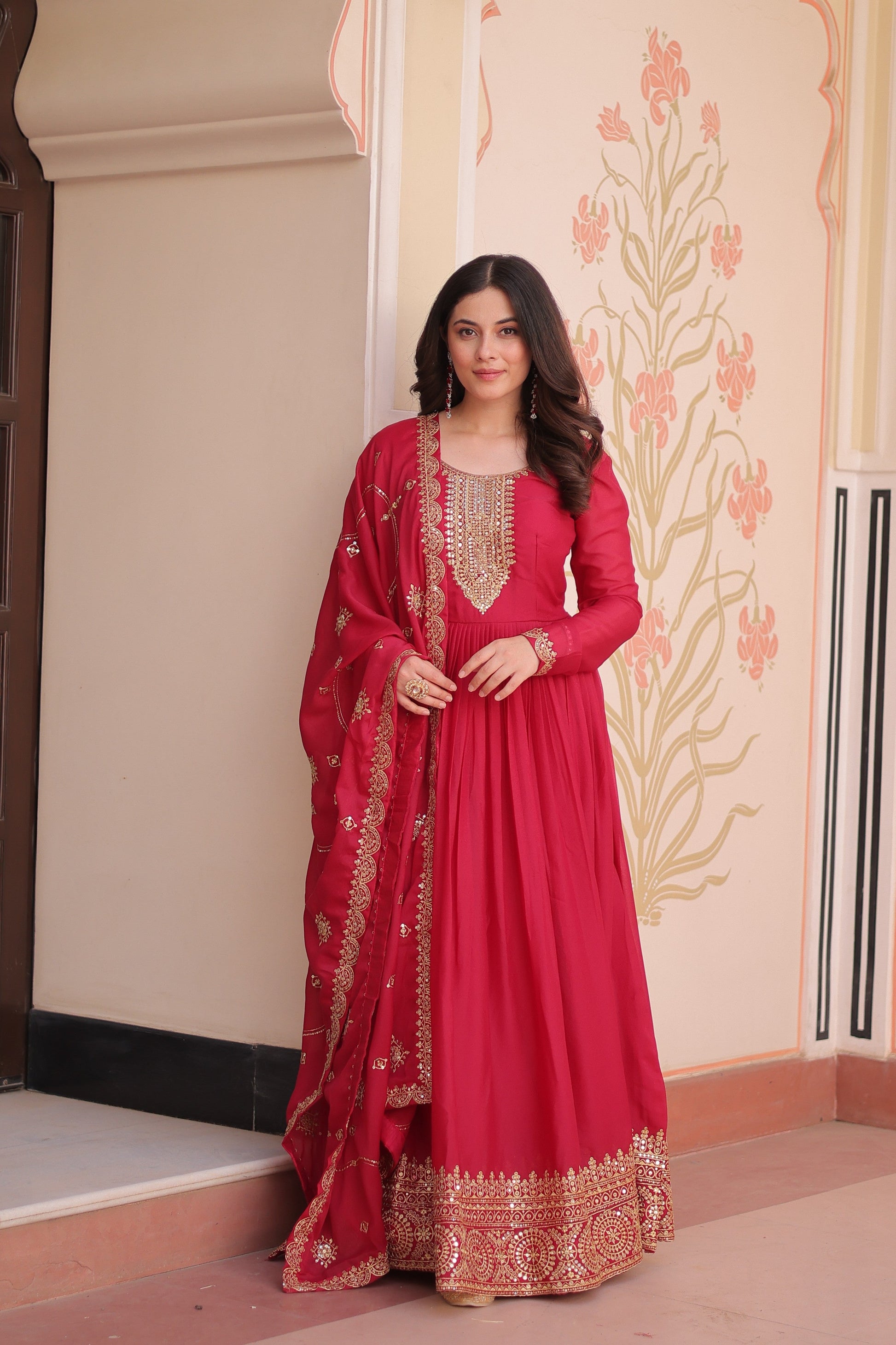 Jyoti Fashion Women's Pink Star Georgette Sequins Zari Embroidered Anarkali Set With Dupatta | Swadesiicart