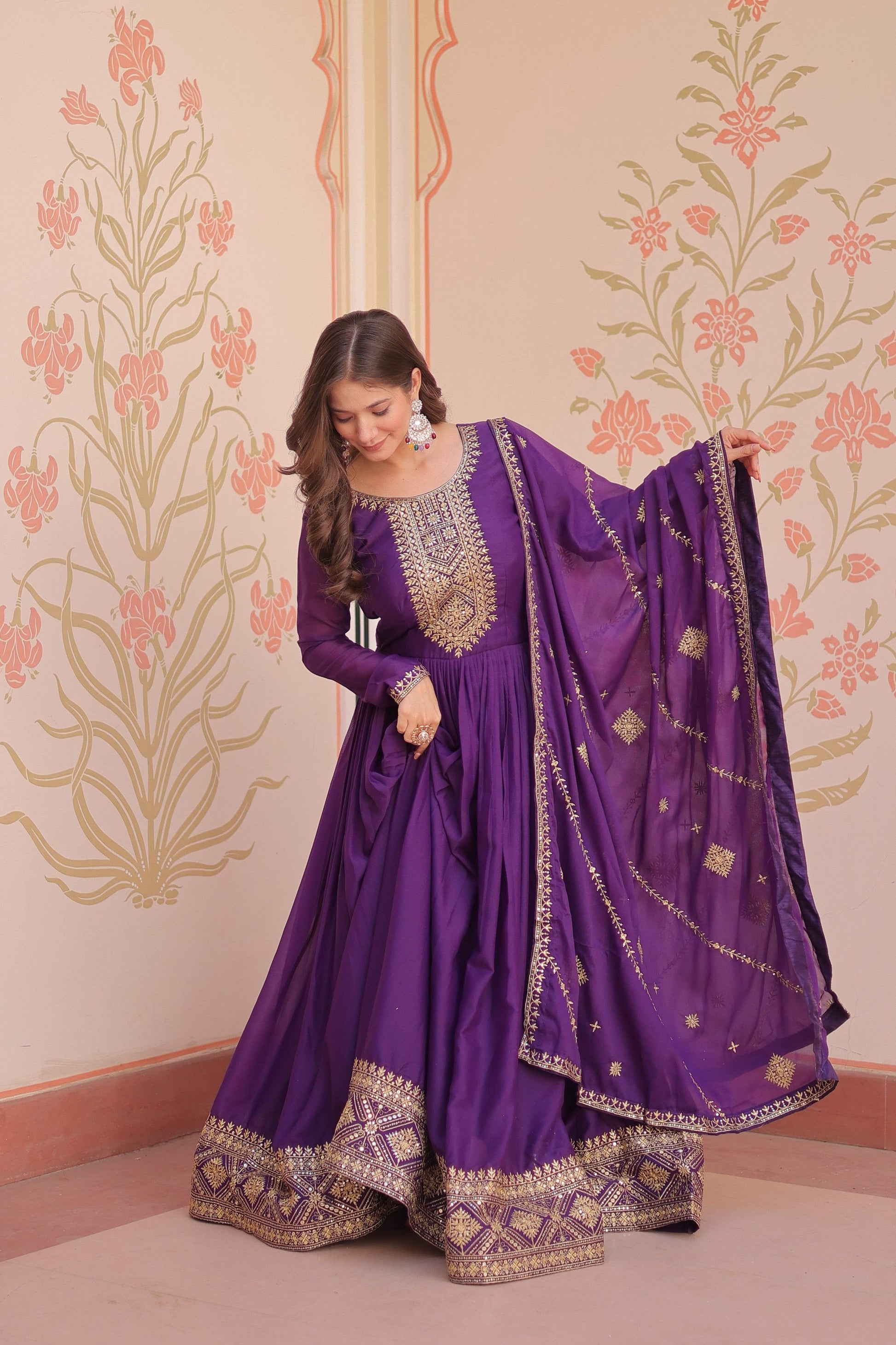 Jyoti Fashion Women's Purple Star Georgette Sequins Zari Embroidered Anarkali Set With Dupatta | Swadesiicart