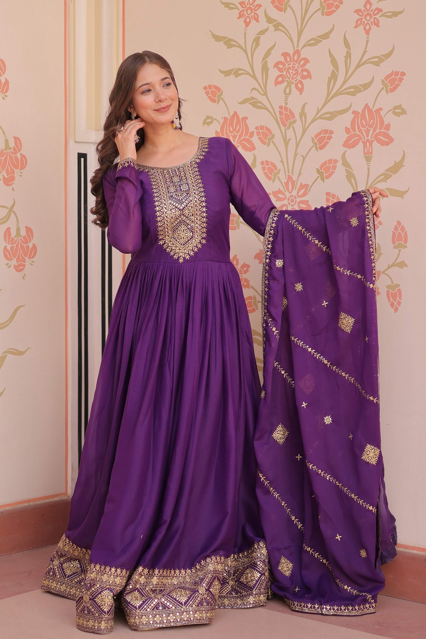 Jyoti Fashion Women's Purple Star Georgette Sequins Zari Embroidered Anarkali Set With Dupatta | Swadesiicart