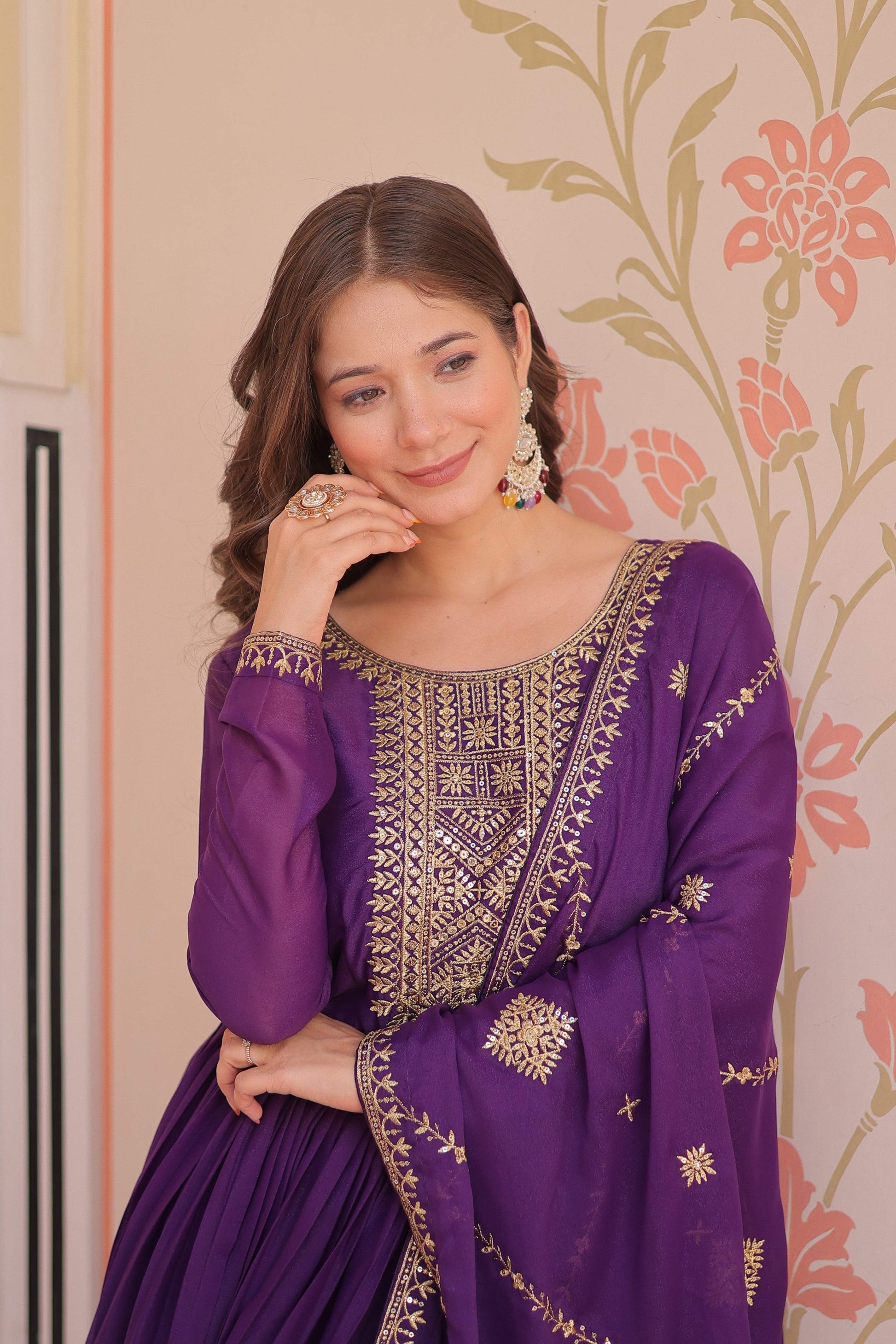 Jyoti Fashion Women's Purple Star Georgette Sequins Zari Embroidered Anarkali Set With Dupatta | Swadesiicart