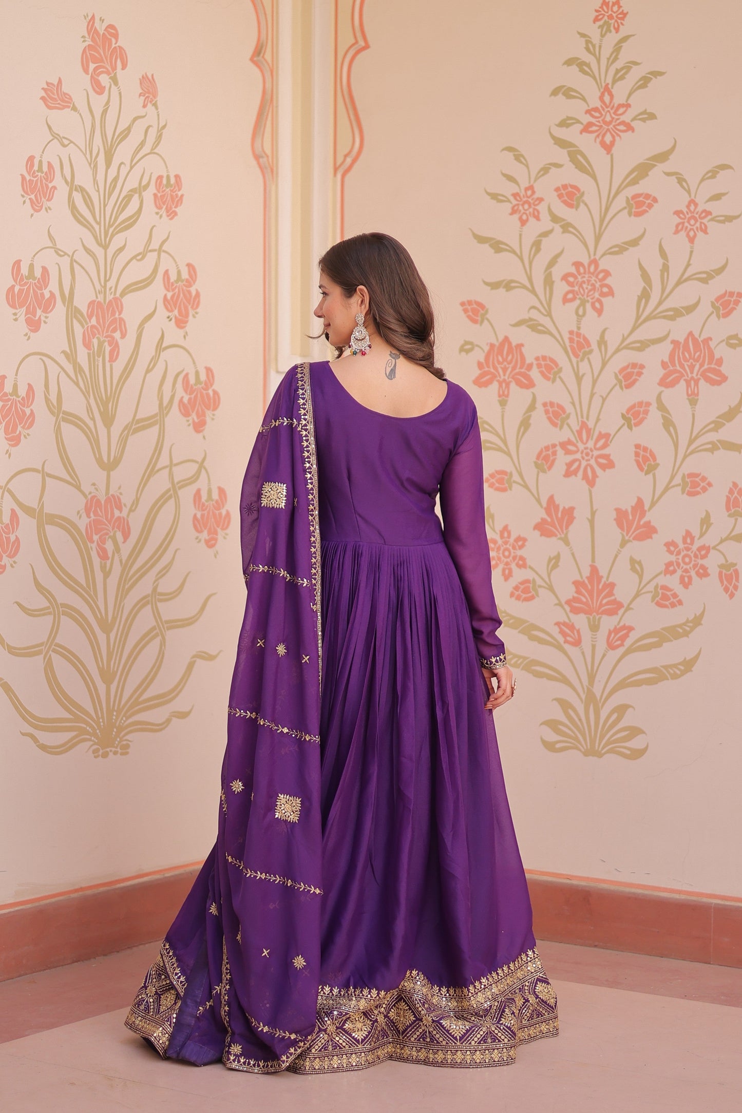Jyoti Fashion Women's Purple Star Georgette Sequins Zari Embroidered Anarkali Set With Dupatta | Swadesiicart