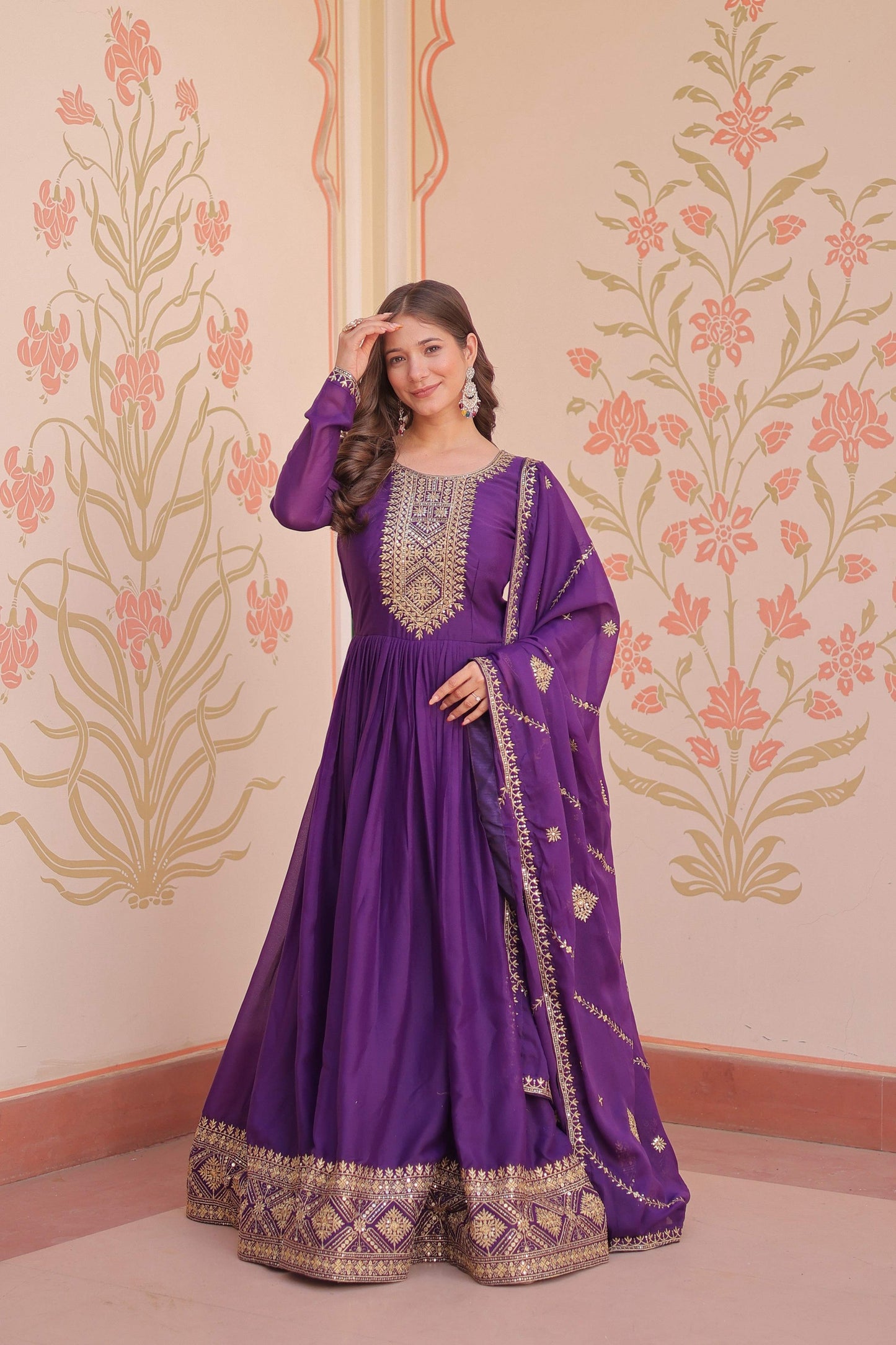 Jyoti Fashion Women's Purple Star Georgette Sequins Zari Embroidered Anarkali Set With Dupatta | Swadesiicart