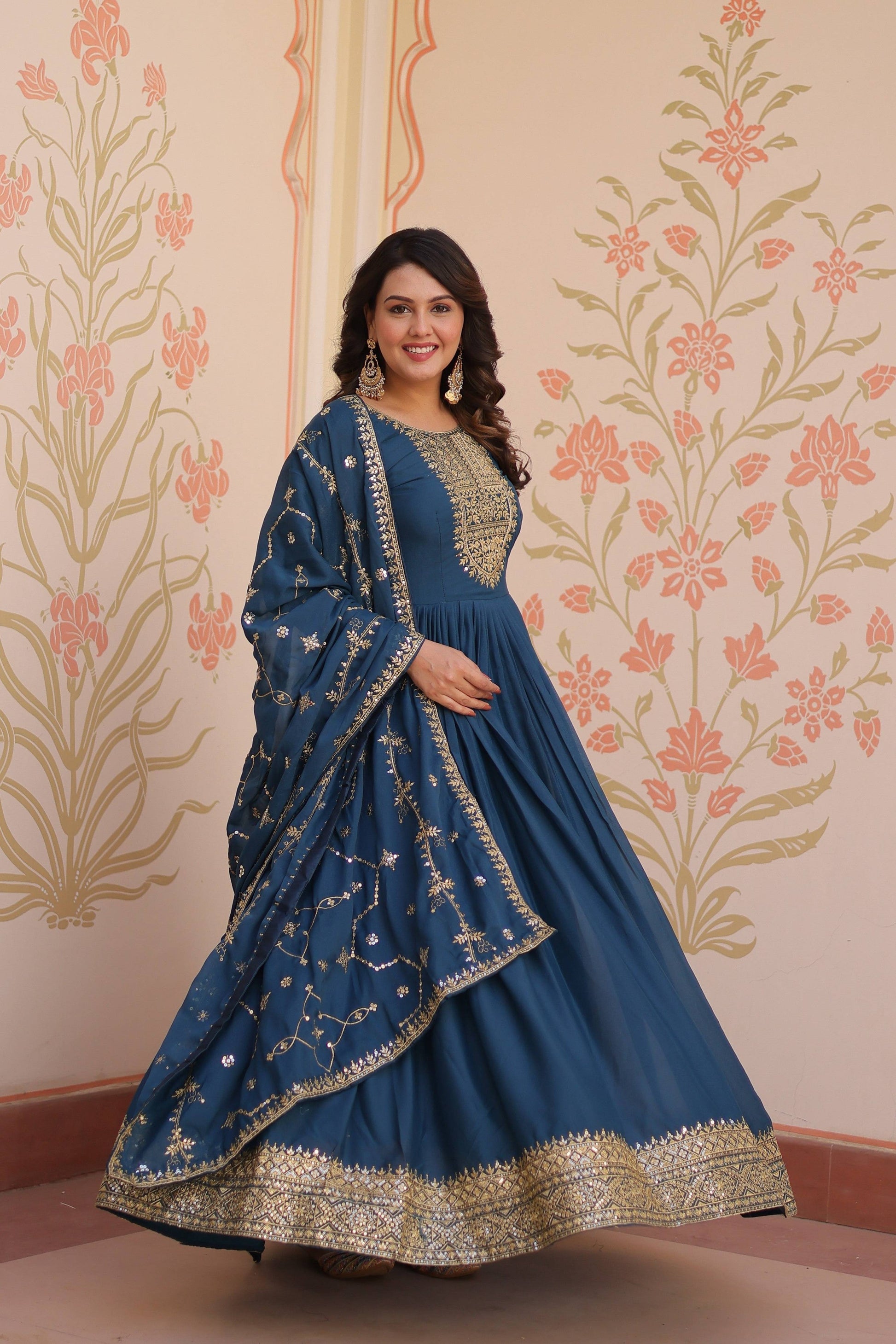 Jyoti Fashion Women's Rama Star Georgette Sequins Zari Embroidered Anarkali Set With Dupatta | Swadesiicart
