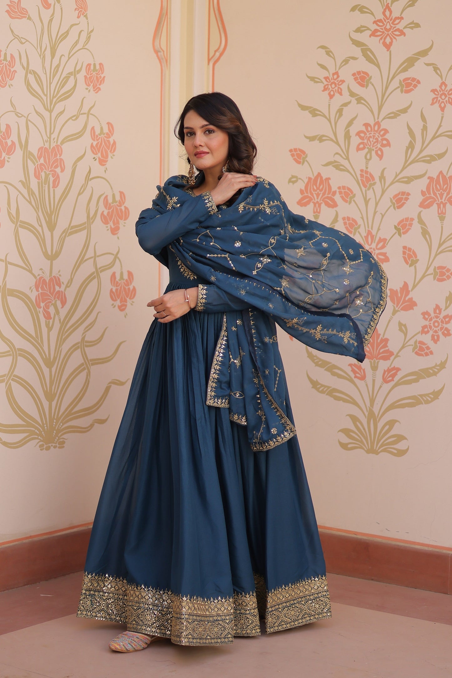 Jyoti Fashion Women's Rama Star Georgette Sequins Zari Embroidered Anarkali Set With Dupatta | Swadesiicart