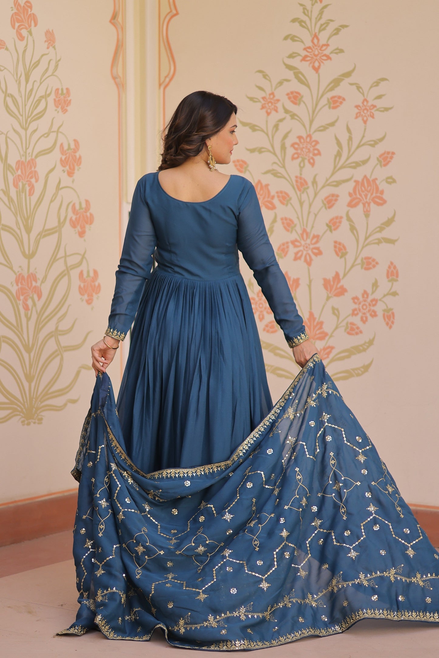 Jyoti Fashion Women's Rama Star Georgette Sequins Zari Embroidered Anarkali Set With Dupatta | Swadesiicart