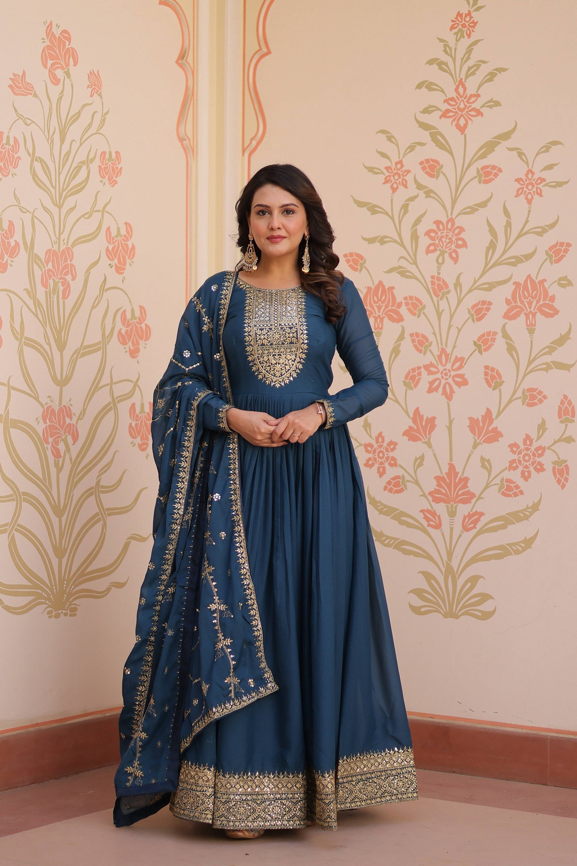 Jyoti Fashion Women's Rama Star Georgette Sequins Zari Embroidered Anarkali Set With Dupatta | Swadesiicart