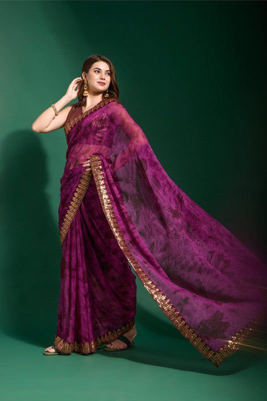 Jyoti Fashion Women's Wine Sequence Embroidery Chiffon Saree with Blouse | Swadesiicart