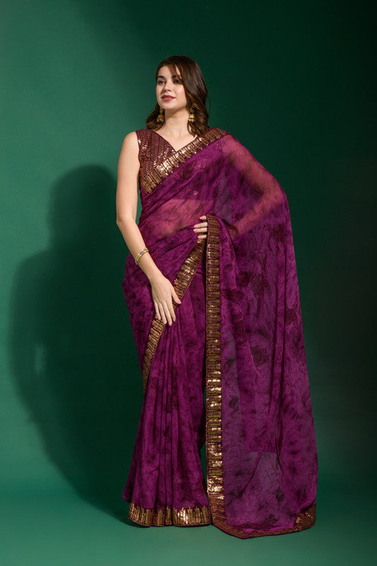 Jyoti Fashion Women's Wine Sequence Embroidery Chiffon Saree with Blouse | Swadesiicart