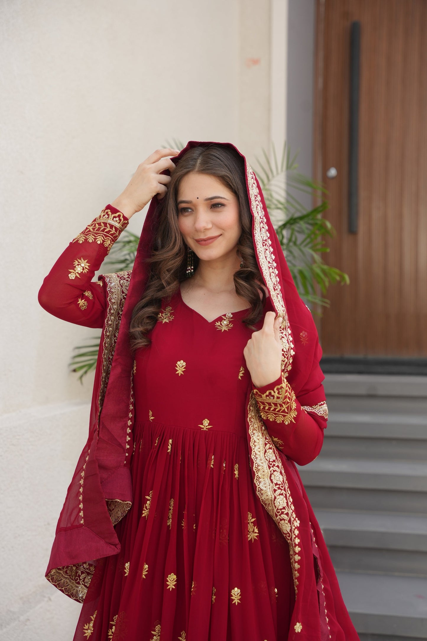 Jyoti Fashion Women's Maroon Faux Blooming Sequins Zari Embroidered Anarkali Set With Dupatta | Swadesiicart