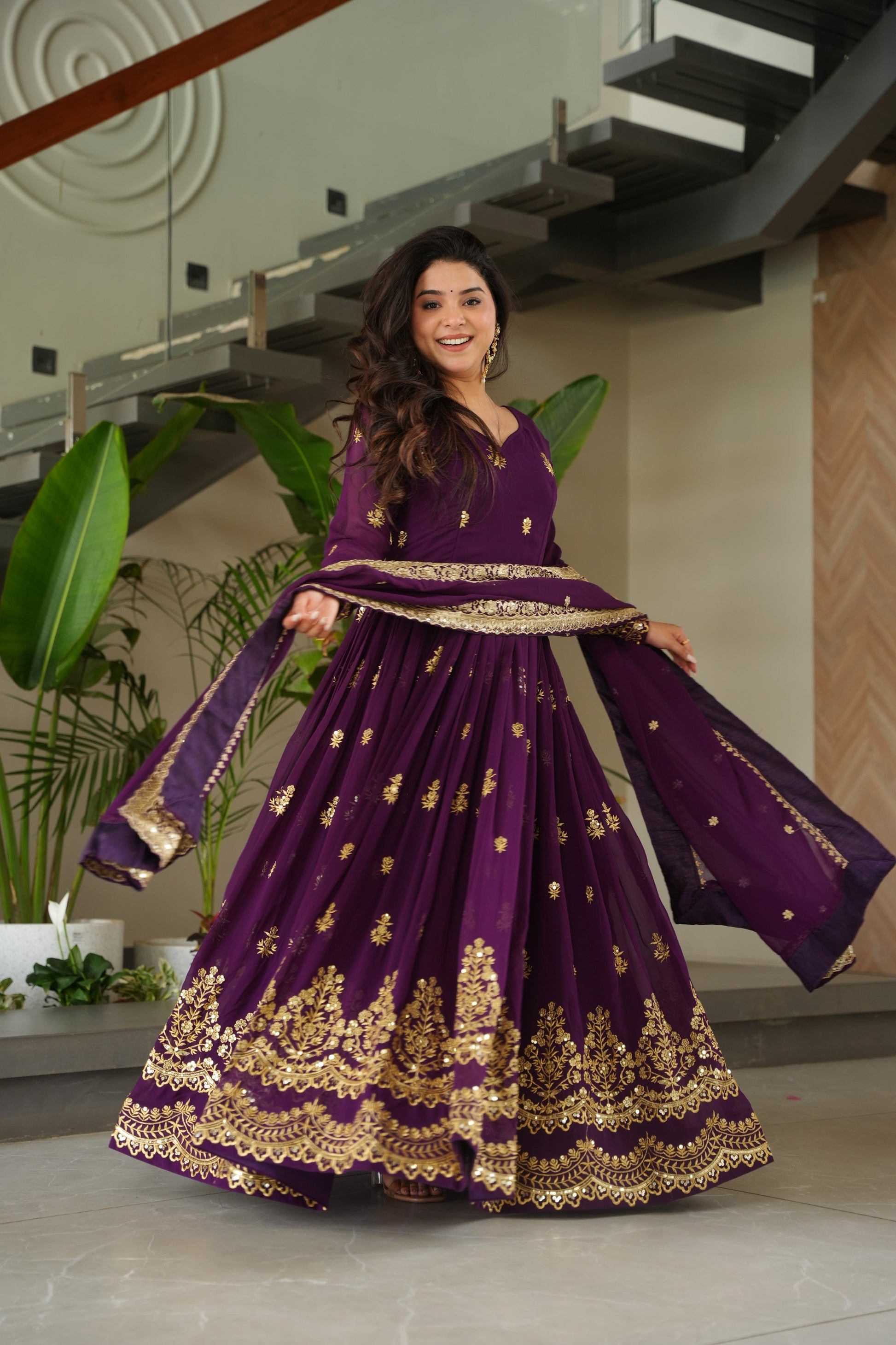 Jyoti Fashion Women's Purple Faux Blooming Sequins Zari Embroidered Anarkali Set With Dupatta | Swadesiicart