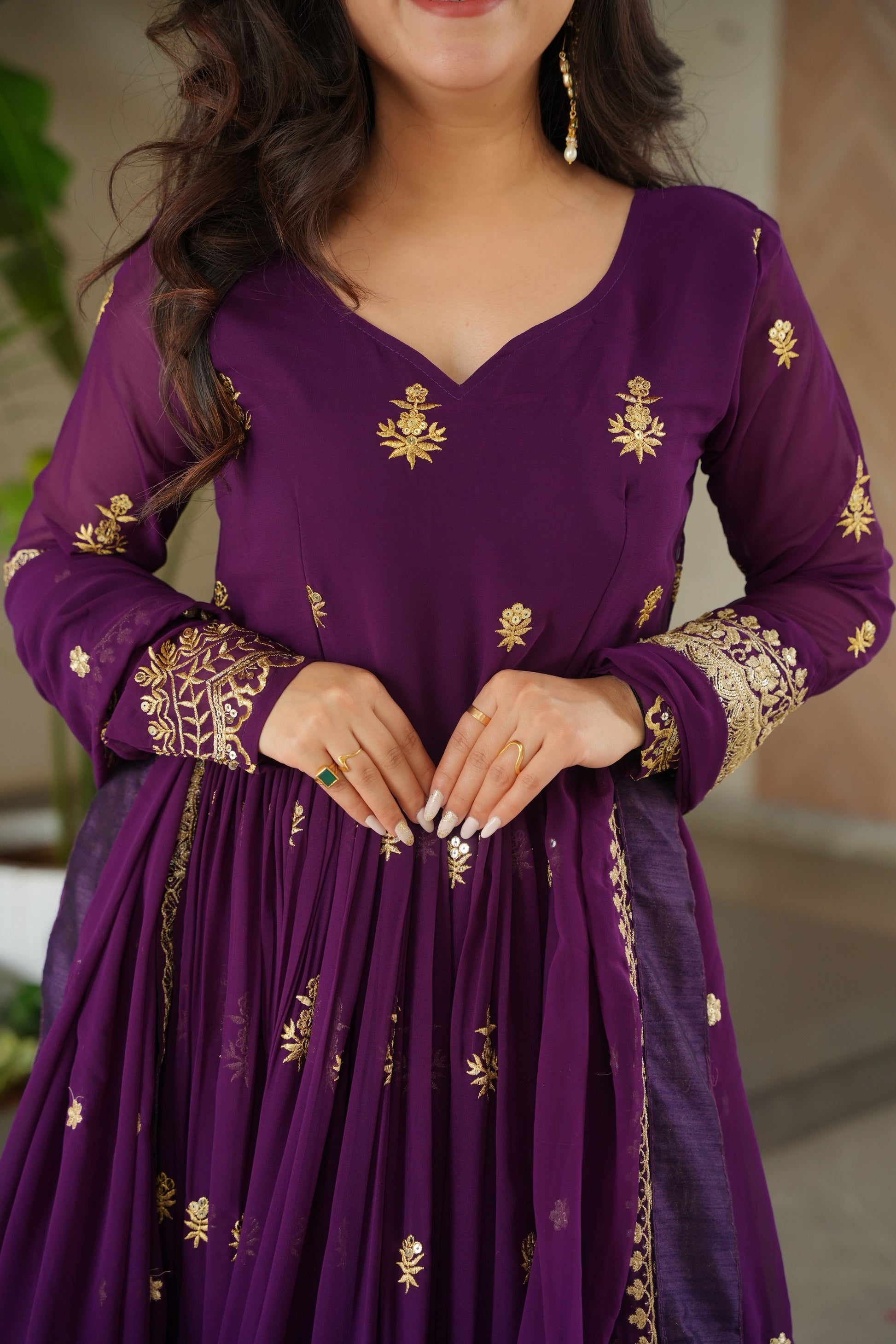 Jyoti Fashion Women's Purple Faux Blooming Sequins Zari Embroidered Anarkali Set With Dupatta | Swadesiicart