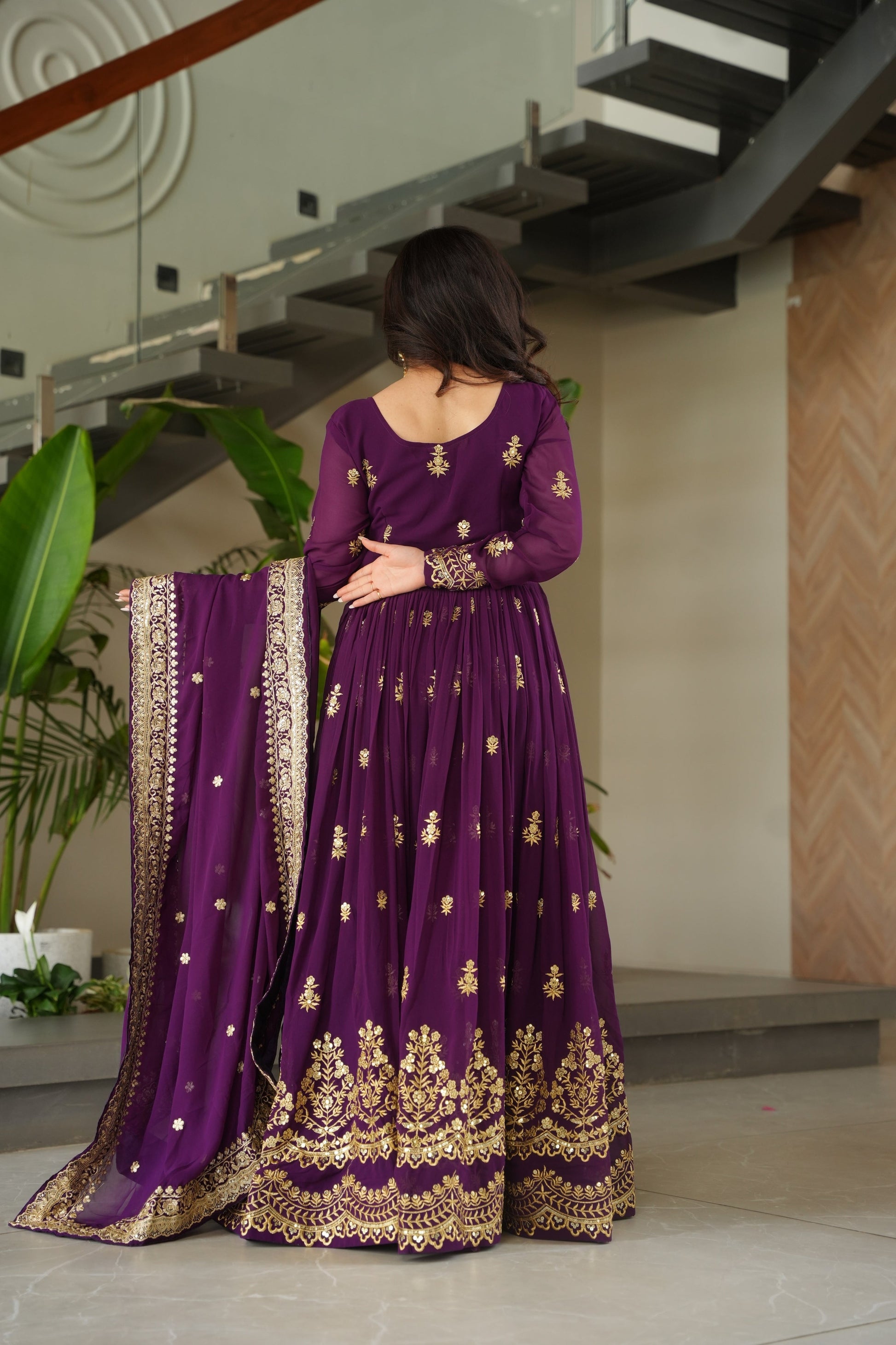 Jyoti Fashion Women's Purple Faux Blooming Sequins Zari Embroidered Anarkali Set With Dupatta | Swadesiicart