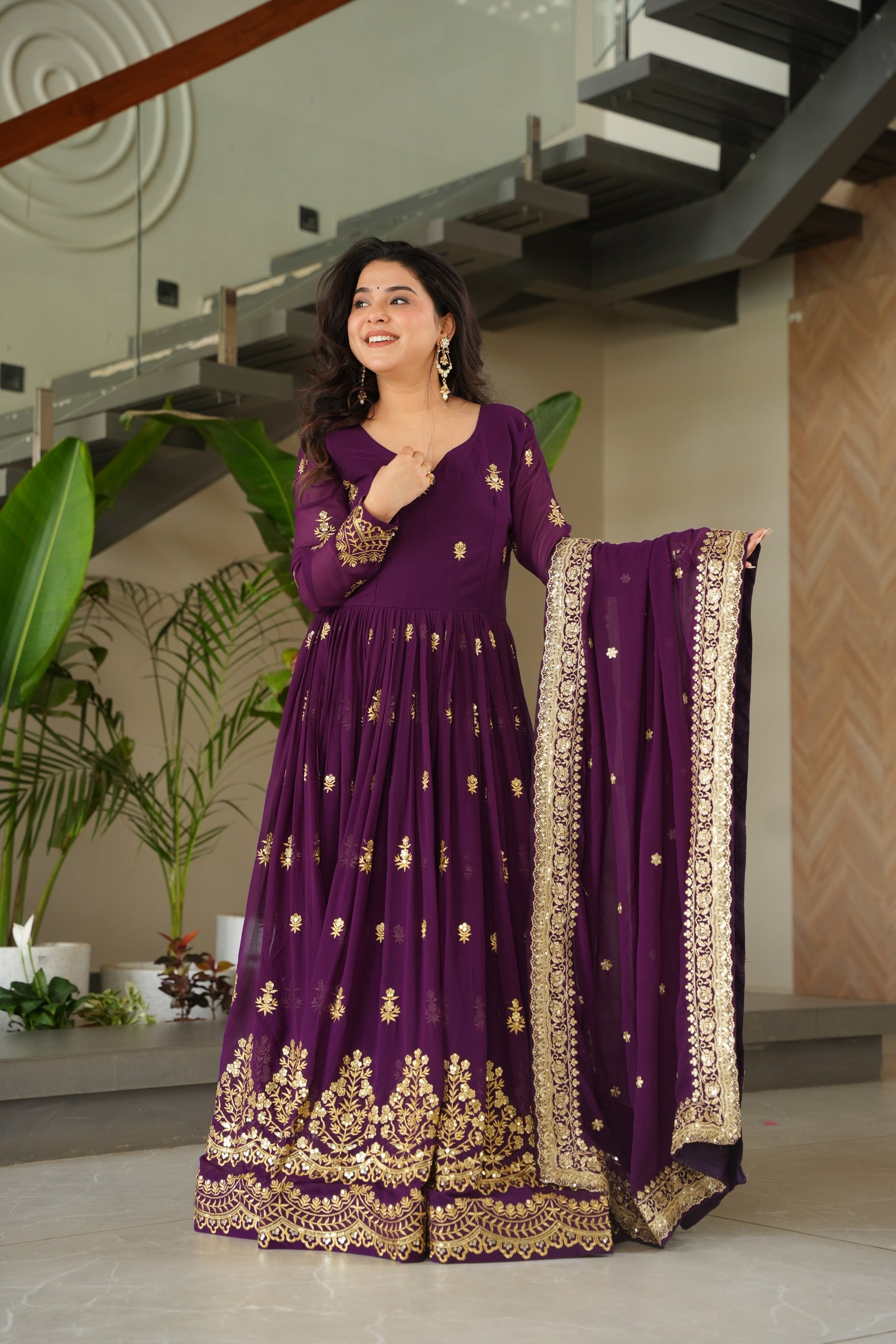 Jyoti Fashion Women's Purple Faux Blooming Sequins Zari Embroidered Anarkali Set With Dupatta | Swadesiicart