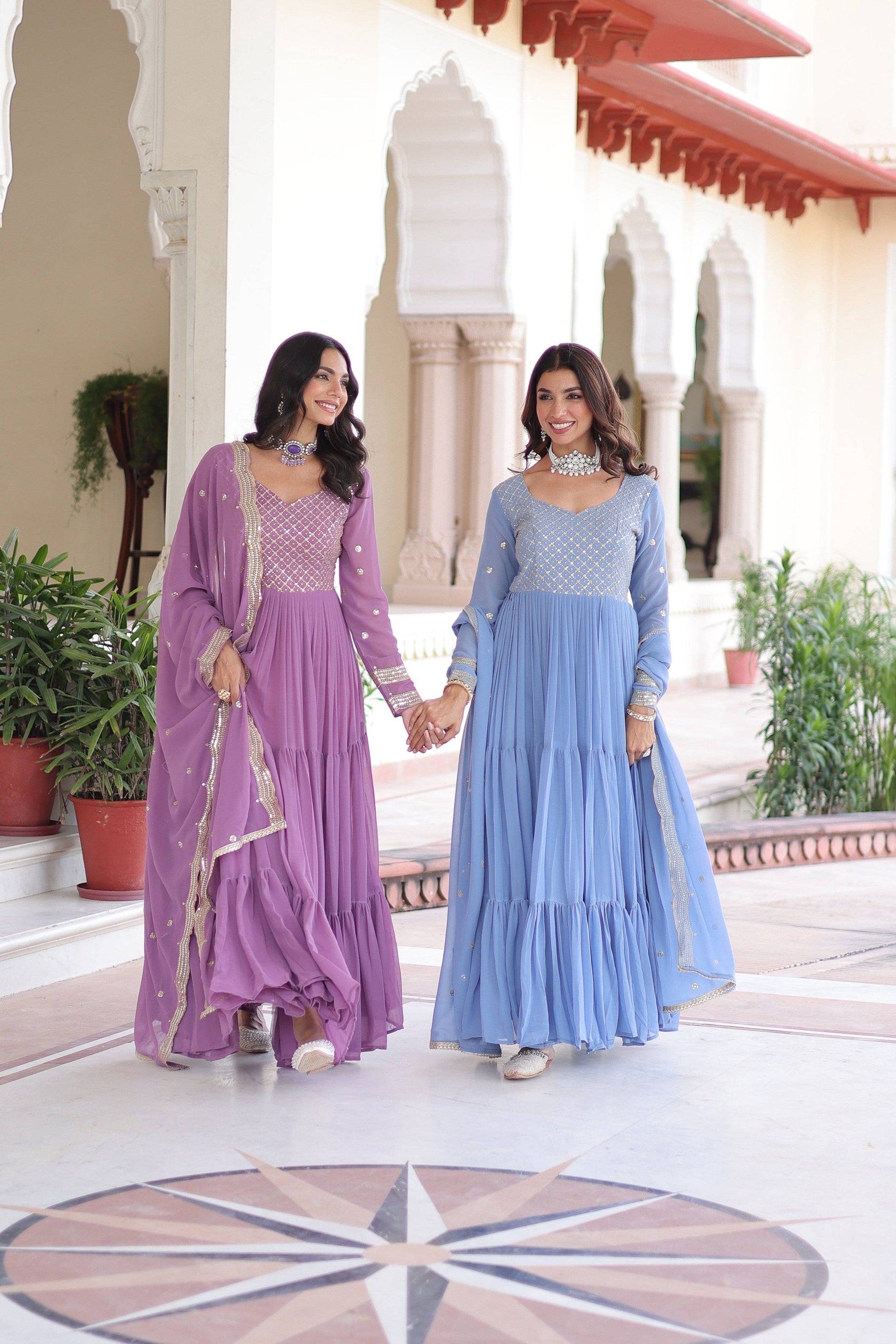 Jyoti Fashion Women's Purple & Sky Blue Faux Georgette Embroidered Combo Anarkali Set With Dupatta | Swadesiicart