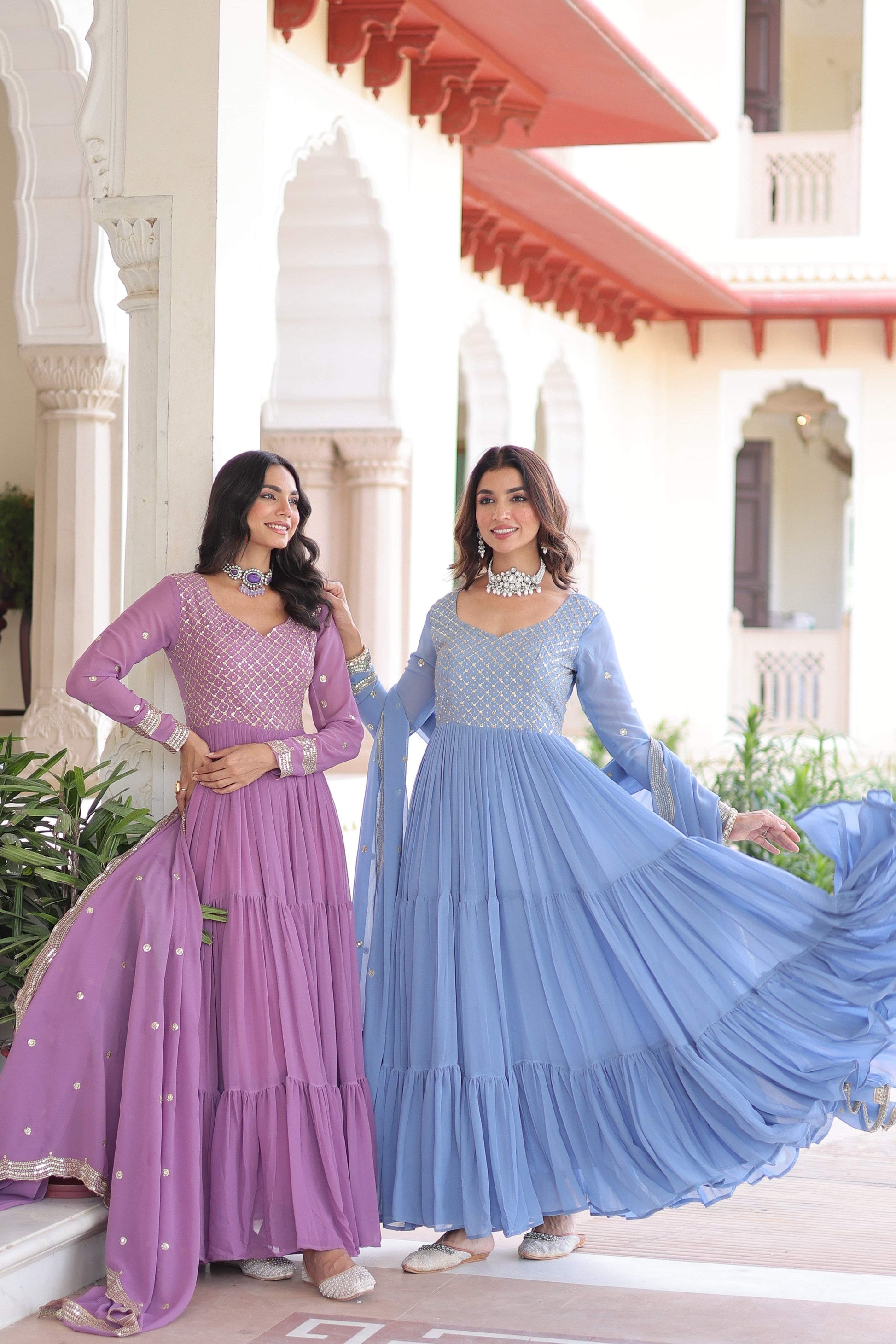 Jyoti Fashion Women's Purple & Sky Blue Faux Georgette Embroidered Combo Anarkali Set With Dupatta | Swadesiicart