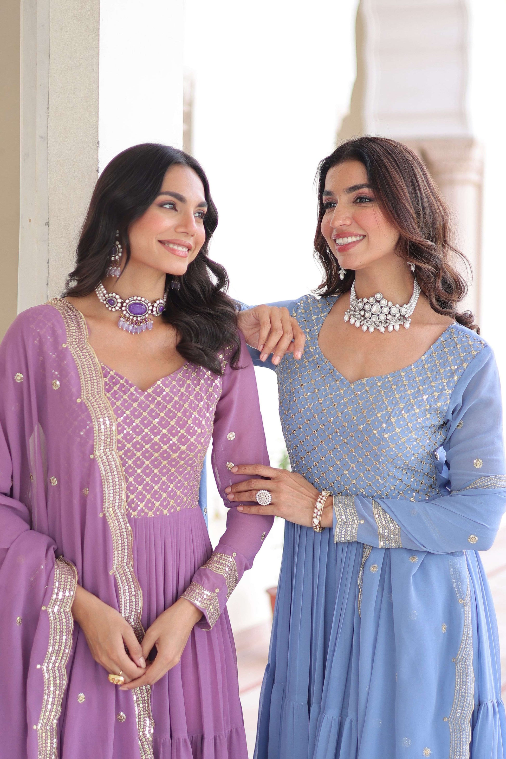 Jyoti Fashion Women's Purple & Sky Blue Faux Georgette Embroidered Combo Anarkali Set With Dupatta | Swadesiicart