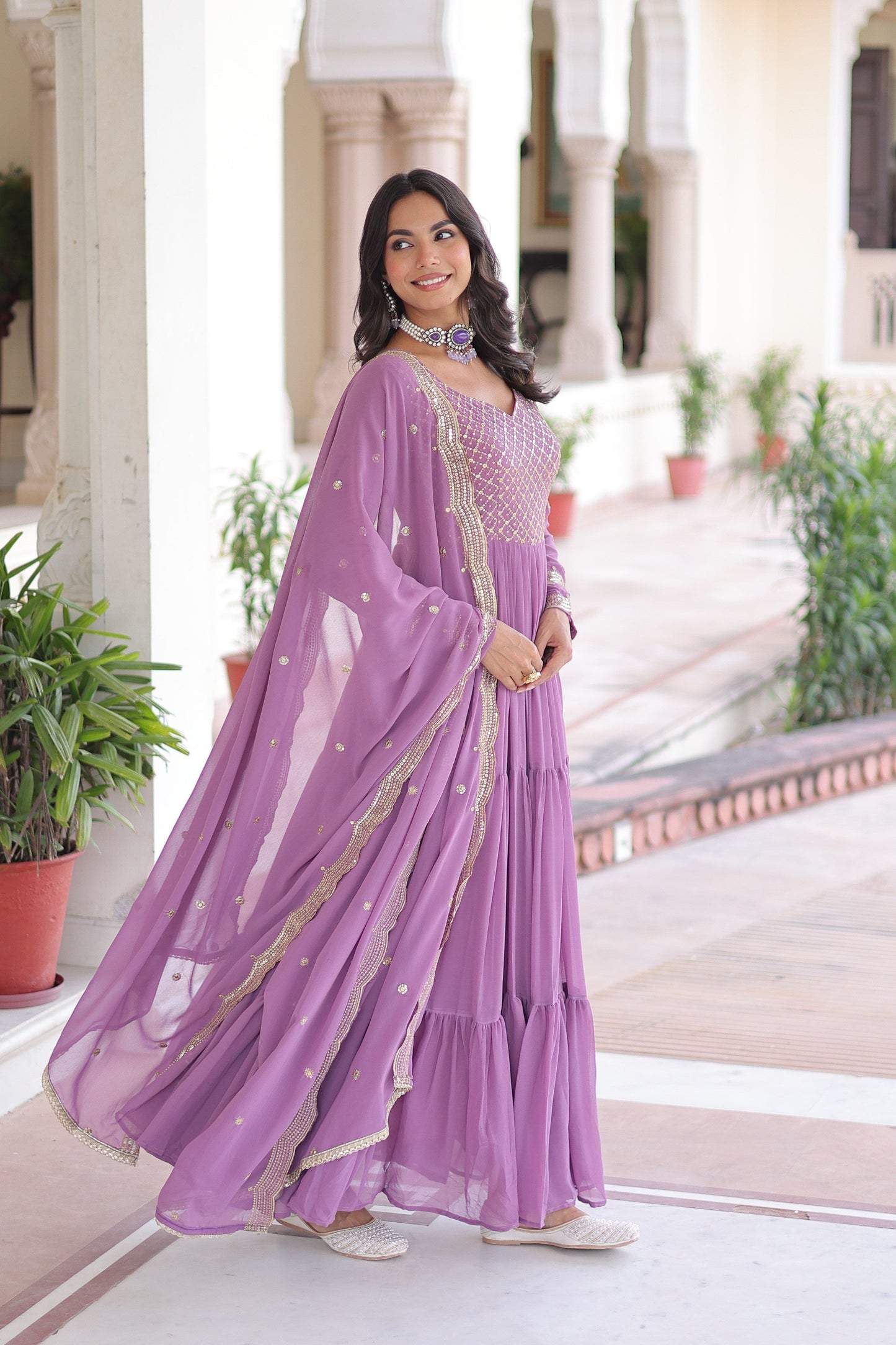 Jyoti Fashion Women's Purple Faux Georgette Sequins Zari Embroidered Anarkali Set With Dupatta | Swadesiicart