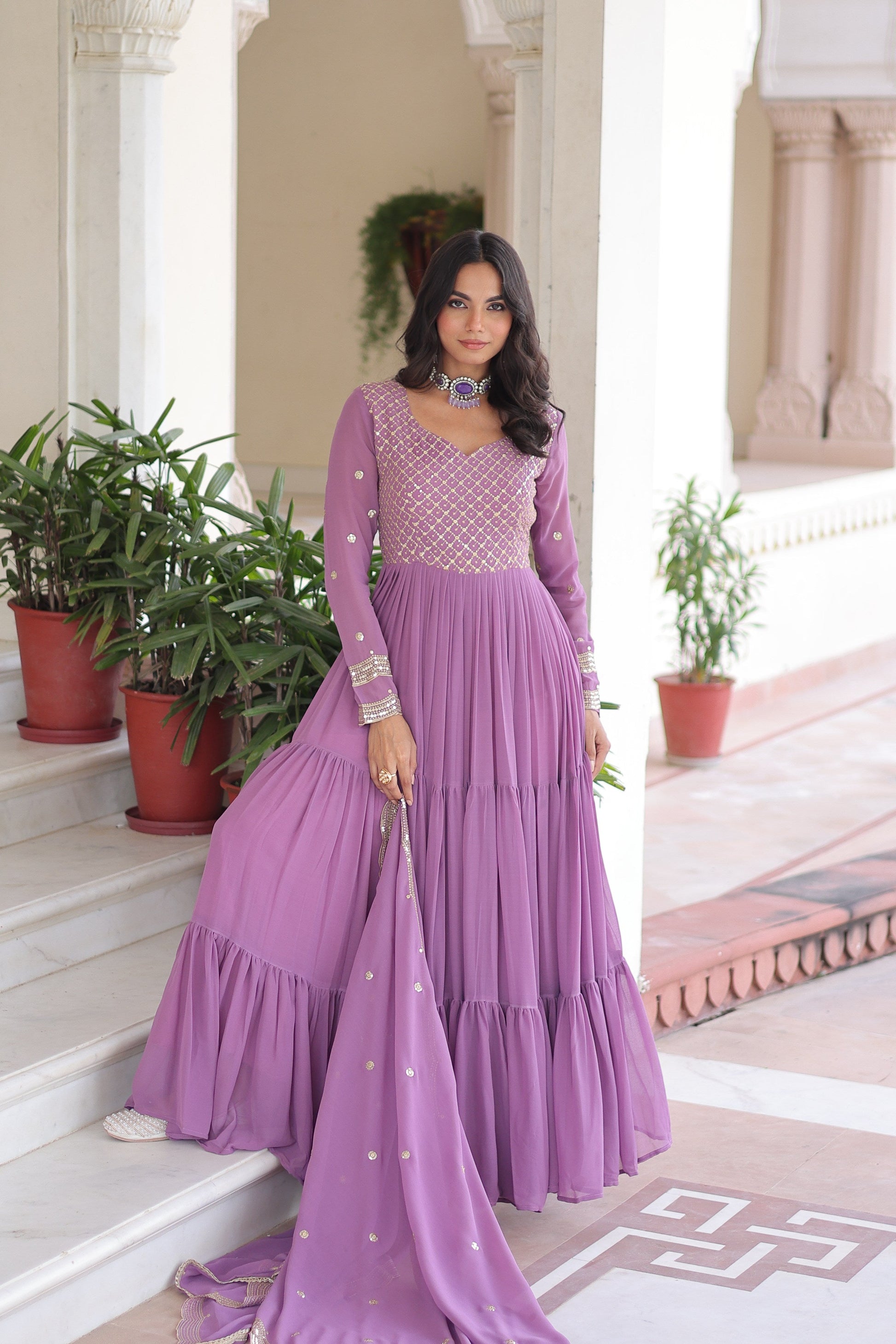 Jyoti Fashion Women's Purple Faux Georgette Sequins Zari Embroidered Anarkali Set With Dupatta | Swadesiicart