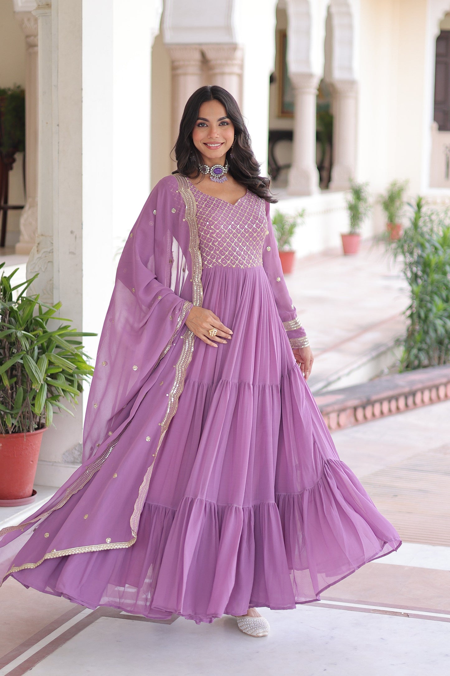 Jyoti Fashion Women's Purple Faux Georgette Sequins Zari Embroidered Anarkali Set With Dupatta | Swadesiicart