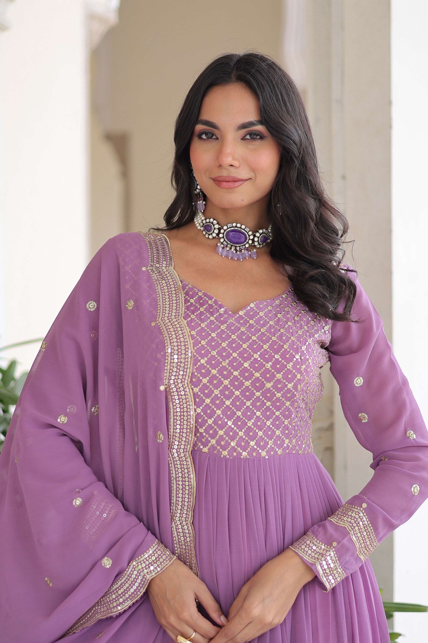 Jyoti Fashion Women's Purple Faux Georgette Sequins Zari Embroidered Anarkali Set With Dupatta | Swadesiicart