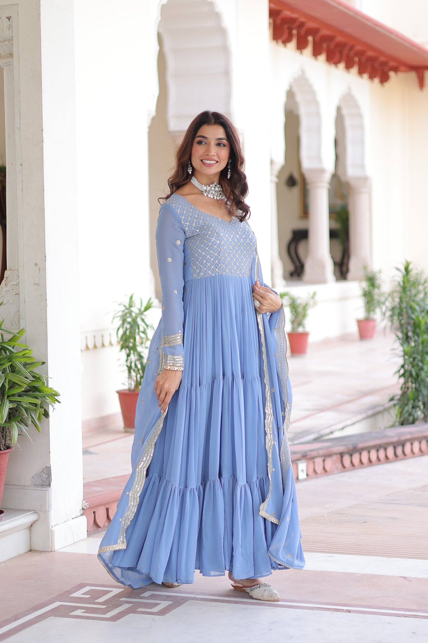 Jyoti Fashion Women's Sky Blue Faux Georgette Sequins Zari Embroidered Anarkali Set With Dupatta | Swadesiicart
