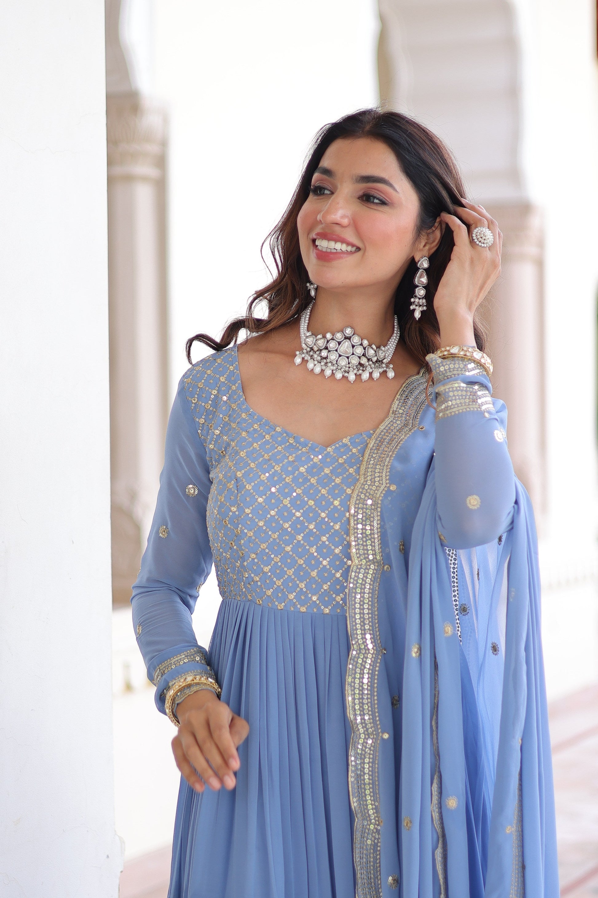 Jyoti Fashion Women's Sky Blue Faux Georgette Sequins Zari Embroidered Anarkali Set With Dupatta | Swadesiicart