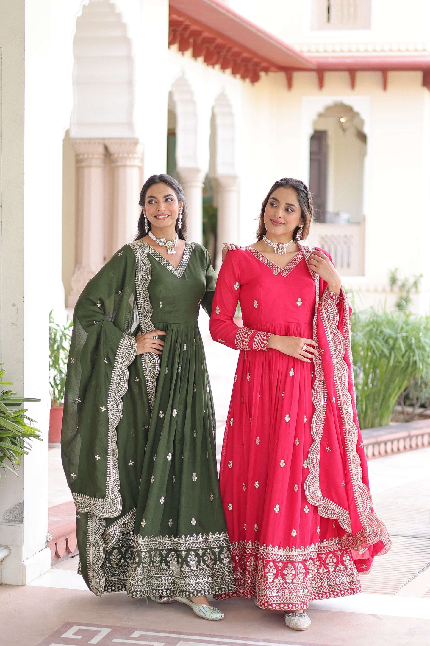Jyoti Fashion Women's Green & Pink Vichitra Silk Embroidered Combo Anarkali Set With Dupatta | Swadesiicart