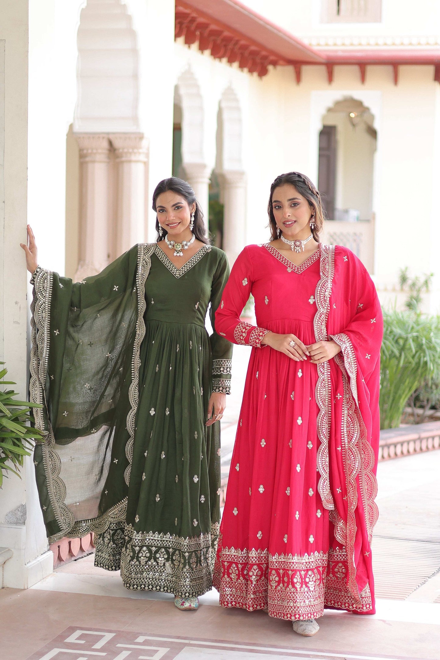 Jyoti Fashion Women's Green & Pink Vichitra Silk Embroidered Combo Anarkali Set With Dupatta | Swadesiicart